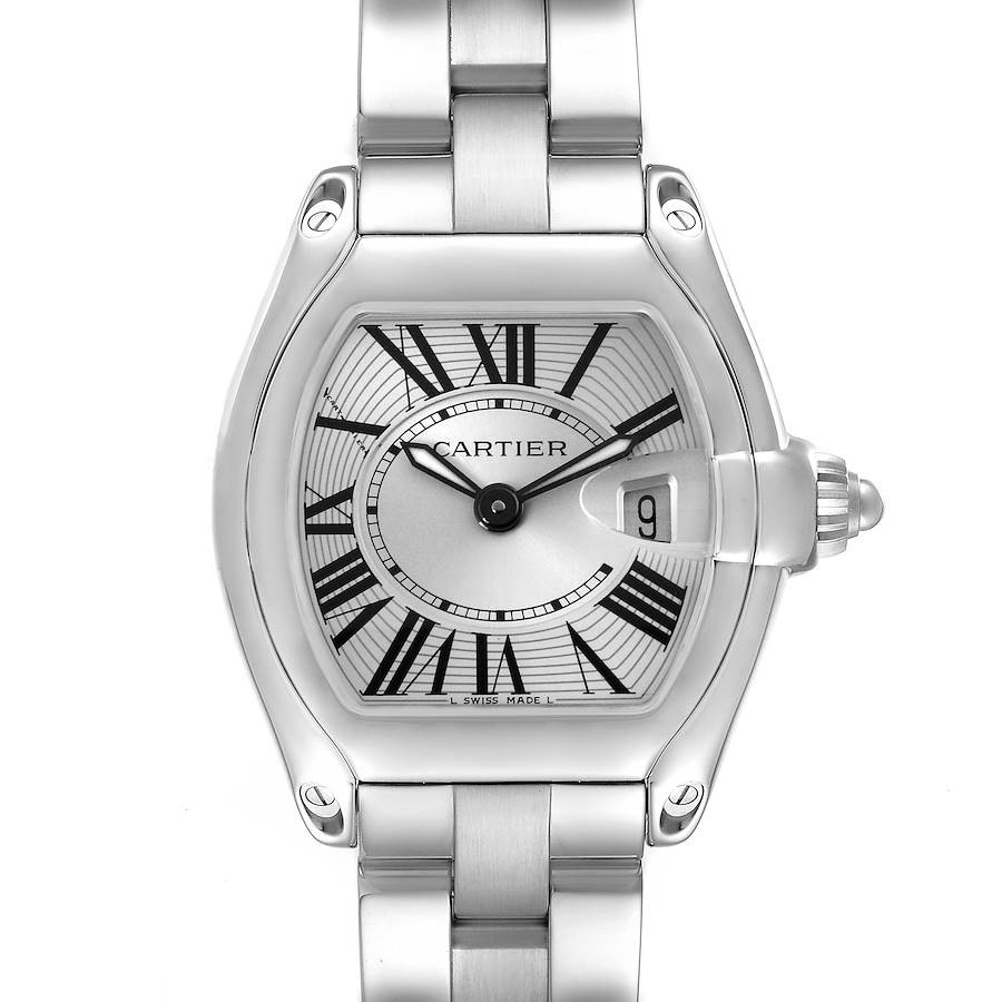 The Cartier Roadster watch is shown from the front, highlighting its dial, case, bracelet, and crown.