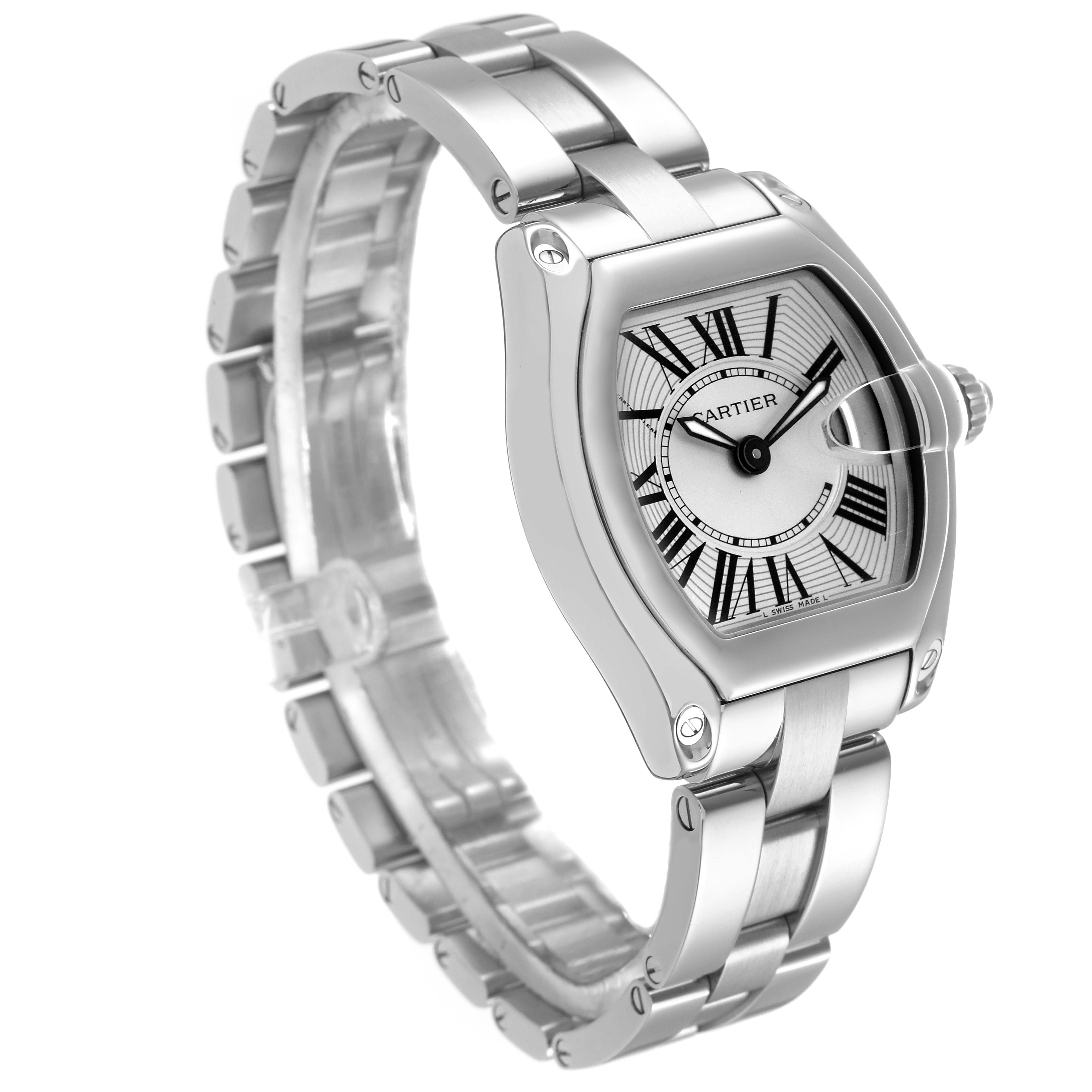 The Cartier Roadster W62016V3 Women
s Stainless Steel Silver Dial W62016V3 Women
s Stainless Steel Silver Dial watch is shown at a three-quarter angle, highlighting its face, bezel, and bracelet.