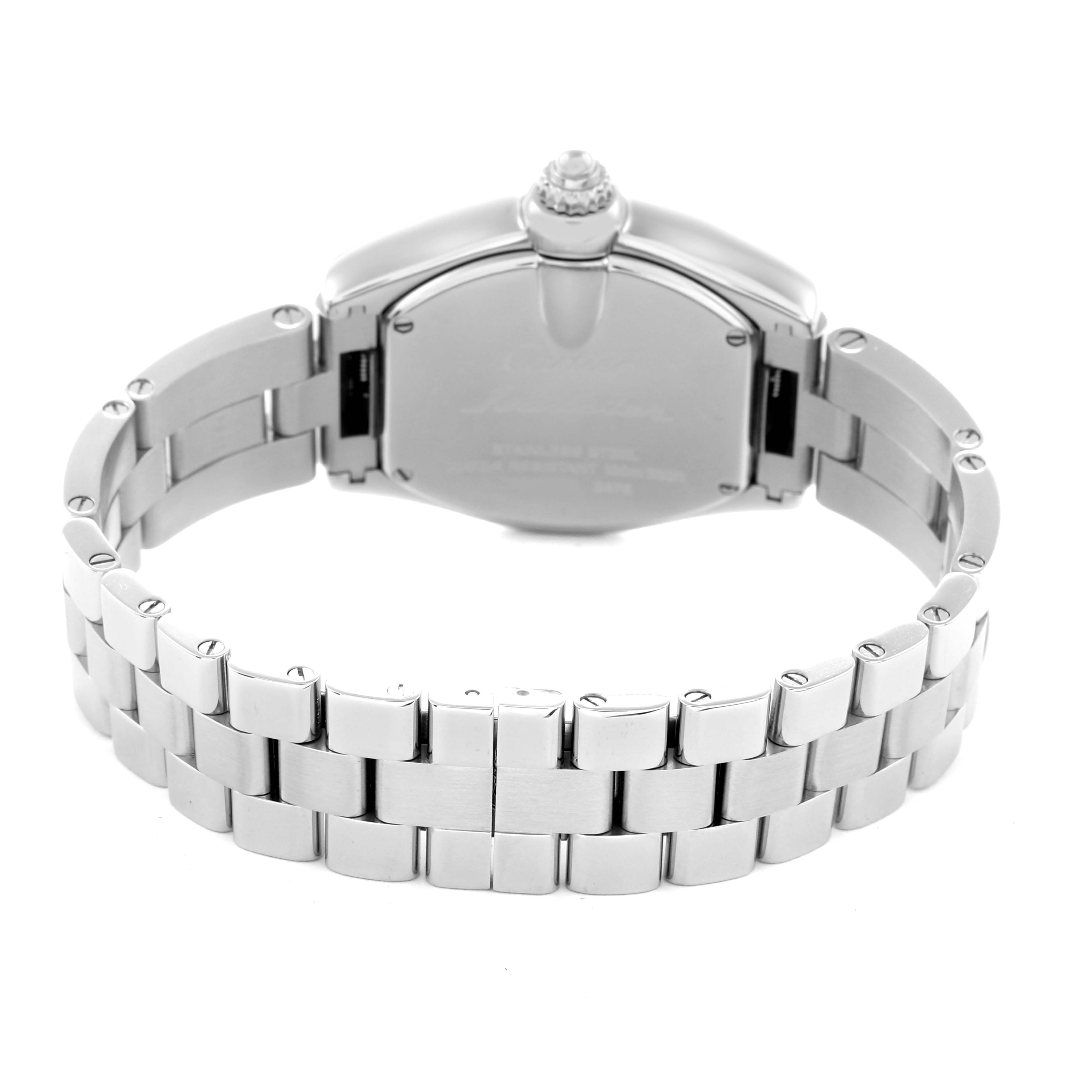The Cartier Roadster W62016V3 Women
s Stainless Steel Silver Dial W62016V3 Women
s Stainless Steel Silver Dial watch is shown from the back, highlighting the bracelet and case back.