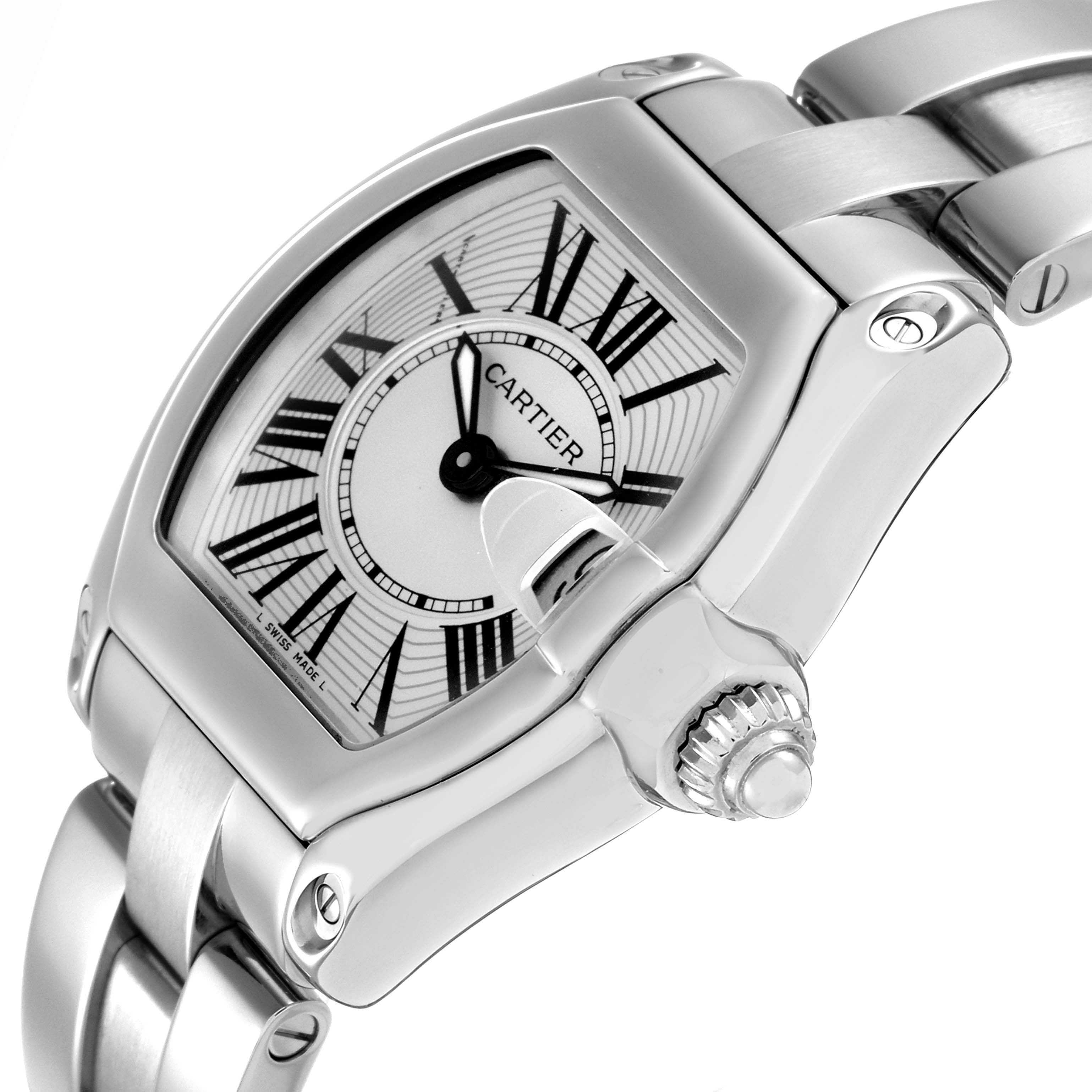 The Cartier Roadster W62016V3 Women
s Stainless Steel Silver Dial W62016V3 Women
s Stainless Steel Silver Dial watch is shown at an angled view, highlighting the face, crown, bezel, and part of the bracelet.