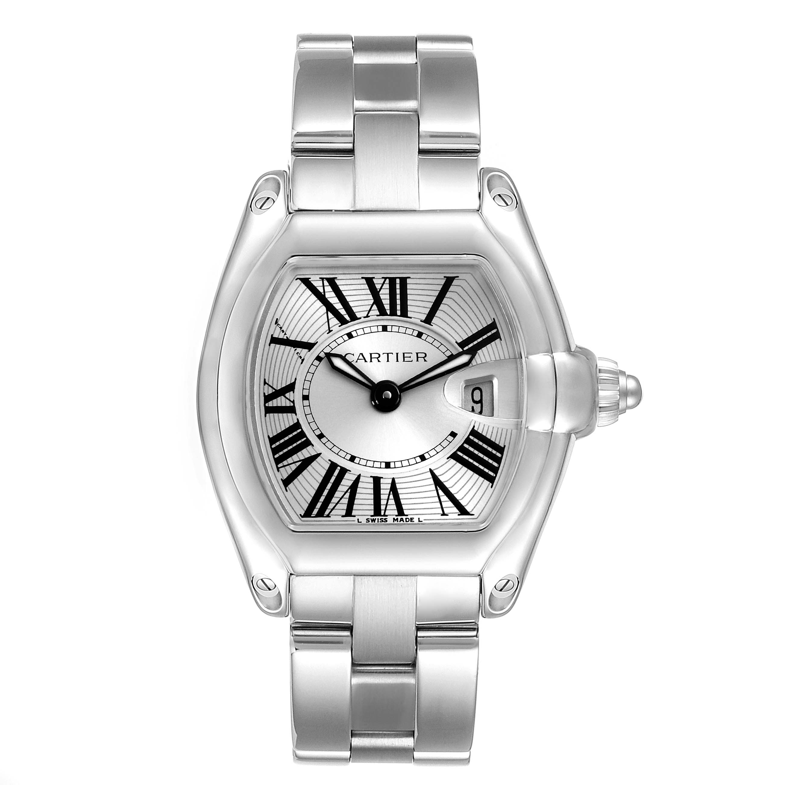The Cartier Roadster W62016V3 Women
s Stainless Steel Silver Dial W62016V3 Women
s Stainless Steel Silver Dial watch is shown from a top-down angle, highlighting its face, case, bracelet, and date window.