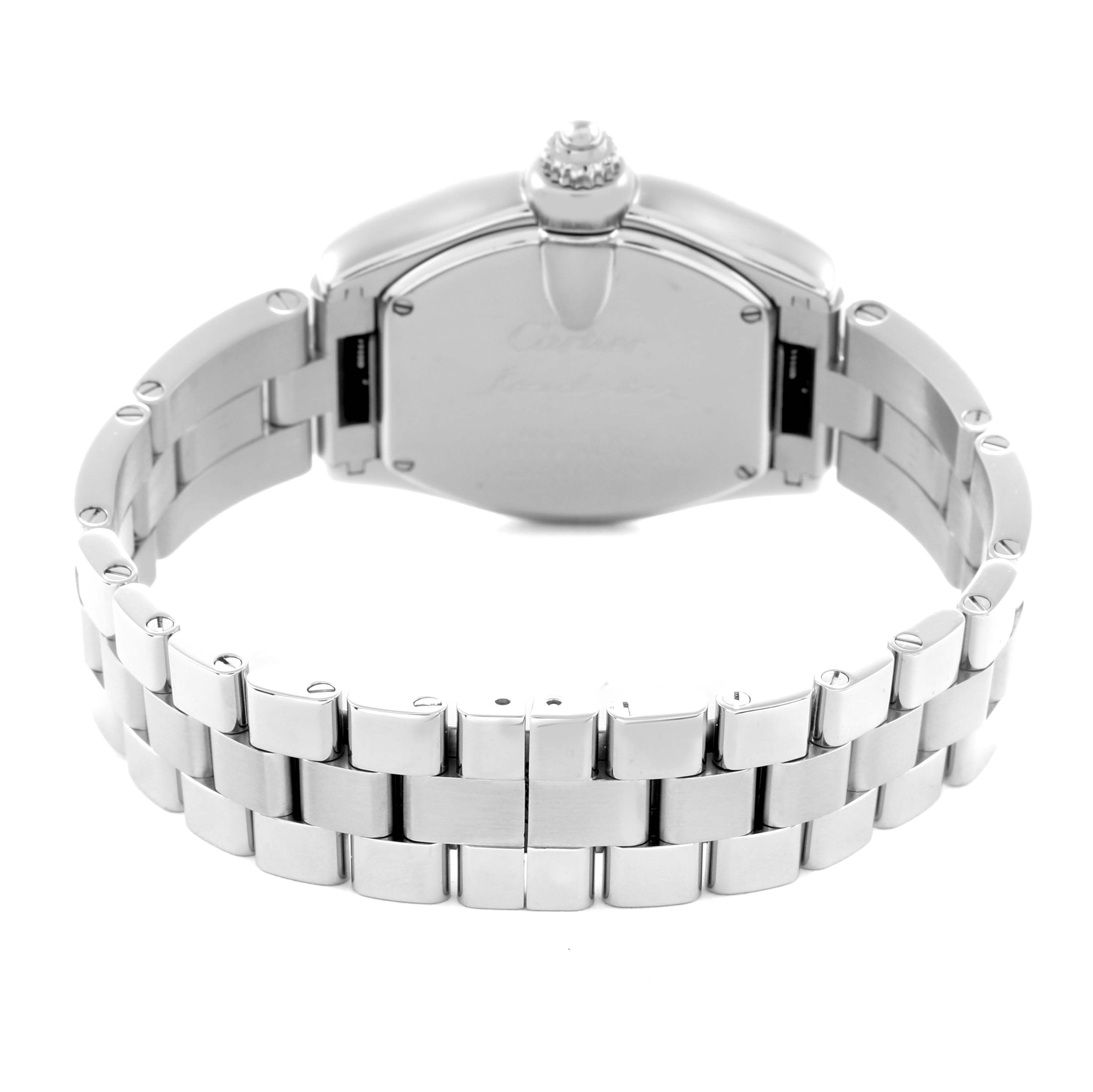 The image shows the bracelet and case back of a Cartier Roadster W62016V3 Women
s Stainless Steel Silver Dial W62016V3 Women
s Stainless Steel Silver Dial watch from a rear angle.