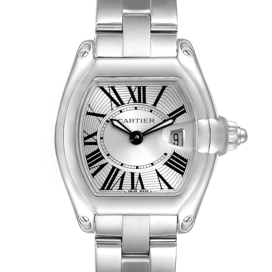 The image shows a top-down view of the Cartier Roadster watch, highlighting the dial, case, and bracelet.