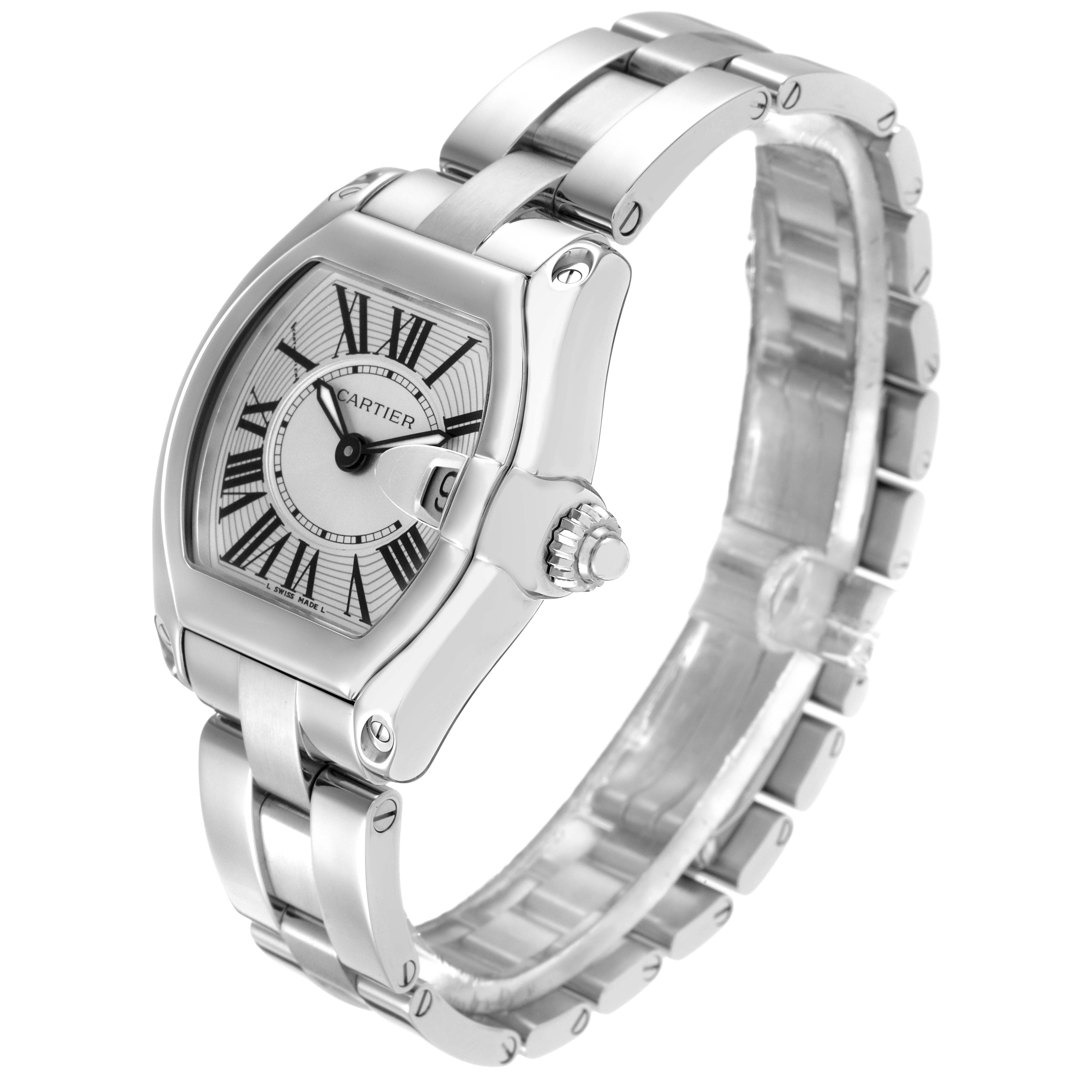 The Cartier Roadster W62016V3 Women
s Stainless Steel Silver Dial W62016V3 Women
s Stainless Steel Silver Dial watch is shown at a three-quarter angle, displaying the face, bezel, crown, and part of the bracelet.