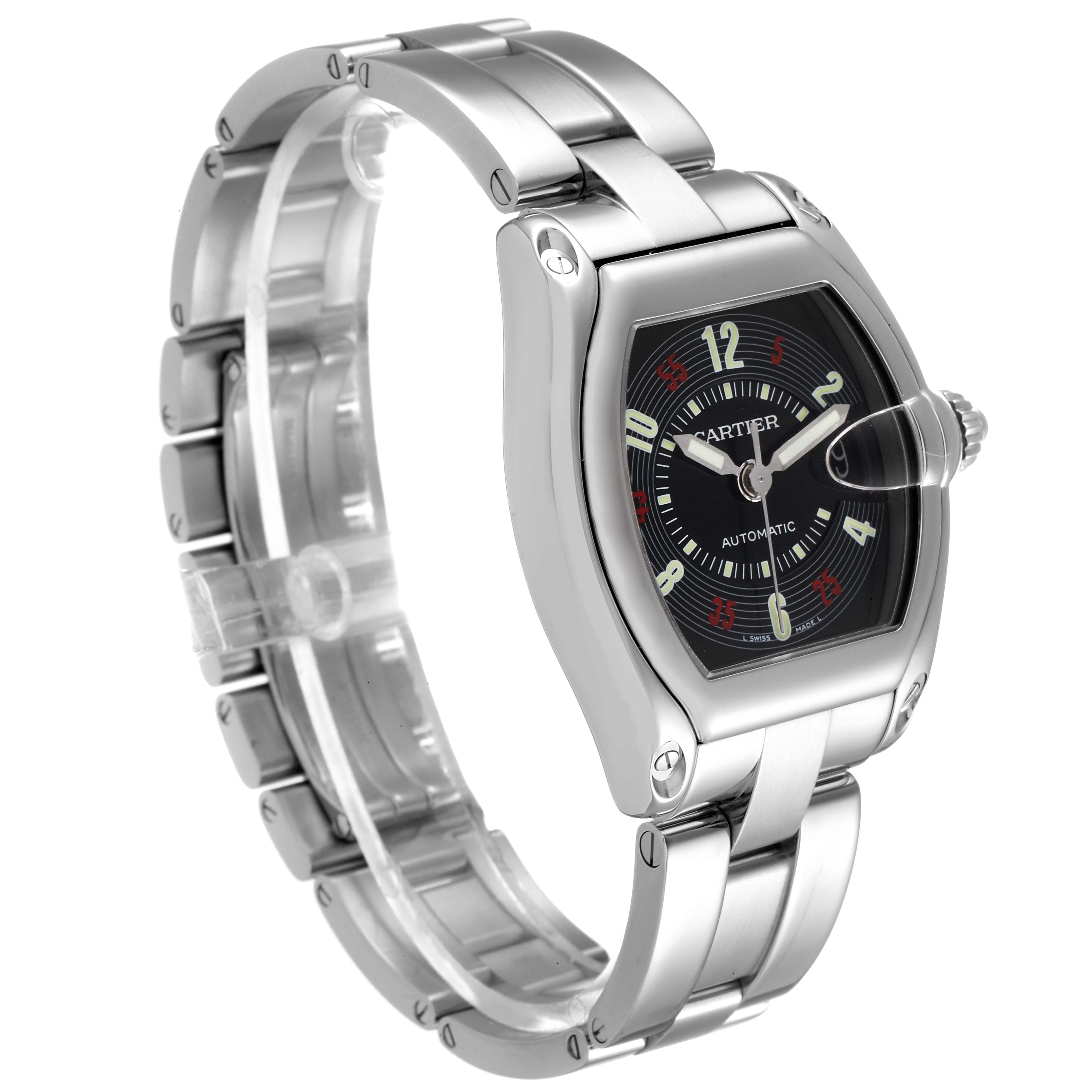 The image shows a Cartier Roadster W62002V3 Men
s Stainless Steel Black Dial W62002V3 Men
s Stainless Steel Black Dial watch at a three-quarter angle, revealing the face, crown, and bracelet.