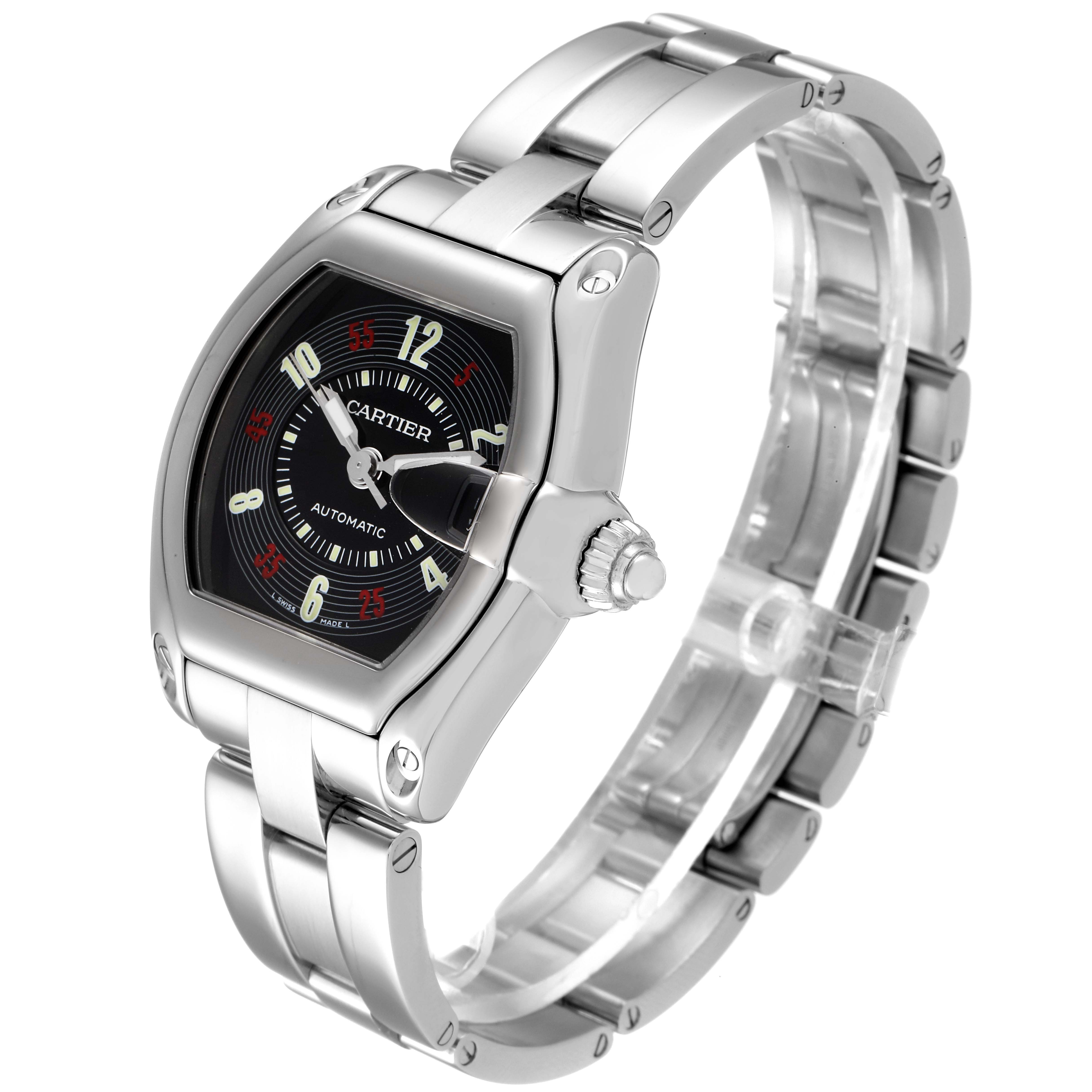 The image shows a Cartier Roadster W62002V3 Men
s Stainless Steel Black Dial W62002V3 Men
s Stainless Steel Black Dial watch at a three-quarter angle, highlighting the dial, case, and bracelet.