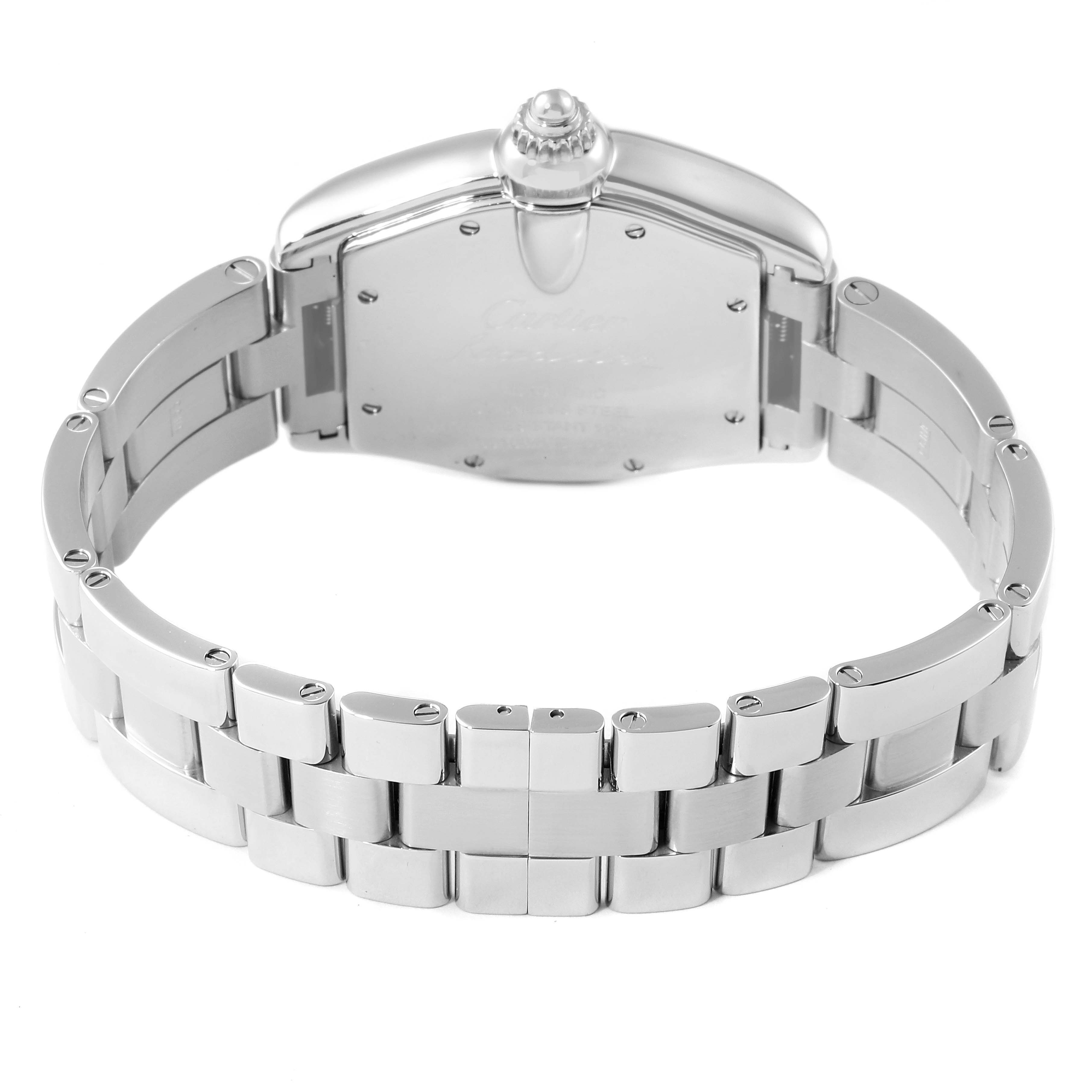 The image shows the back view of a Cartier Roadster W62002V3 Men
s Stainless Steel Black Dial W62002V3 Men
s Stainless Steel Black Dial watch, detailing its case and steel bracelet.