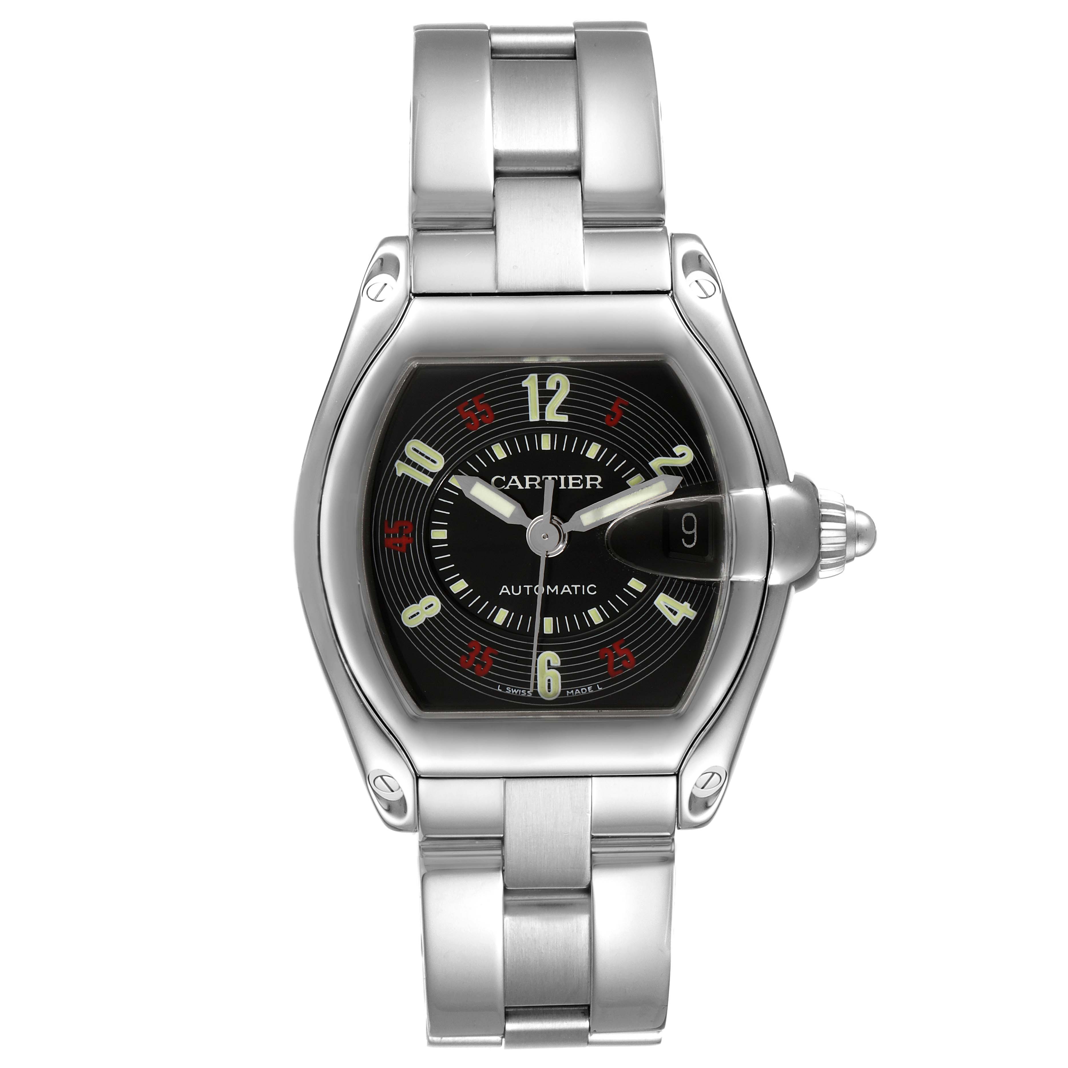 This image shows a Cartier Roadster W62002V3 Men
s Stainless Steel Black Dial W62002V3 Men
s Stainless Steel Black Dial watch from a front angle, highlighting the face, bezel, crown, and bracelet.