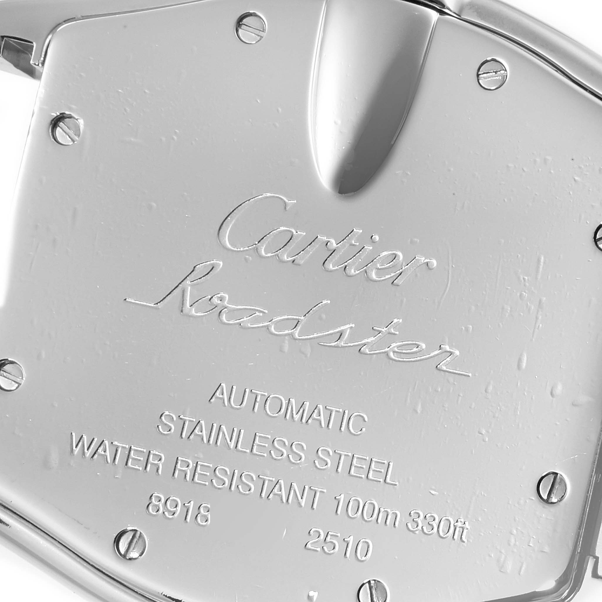 This image shows the back plate of a Cartier Roadster W62002V3 Men
s Stainless Steel Black Dial W62002V3 Men
s Stainless Steel Black Dial watch, displaying model information and specifications.