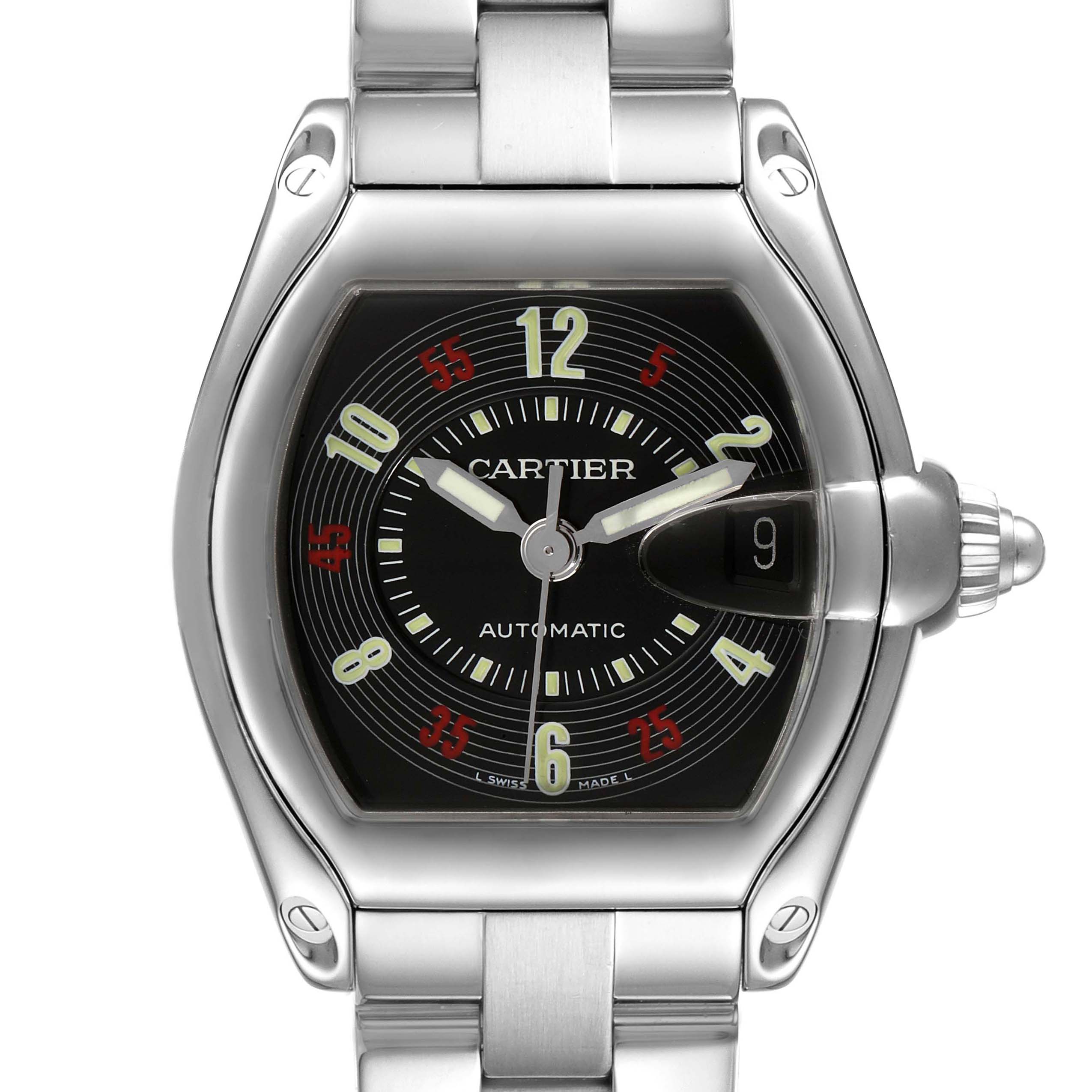 The image shows a front view of a Cartier Roadster W62002V3 Men
s Stainless Steel Black Dial W62002V3 Men
s Stainless Steel Black Dial watch with its face, case, and part of the bracelet visible.