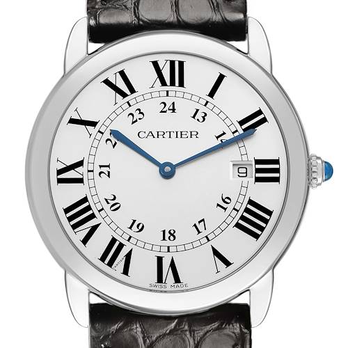 The Cartier Ronde W6700255 Men's Stainless Steel Silver Dial watch is shown from the front, featuring a white dial with Roman numerals, blue hands, and a leather strap.