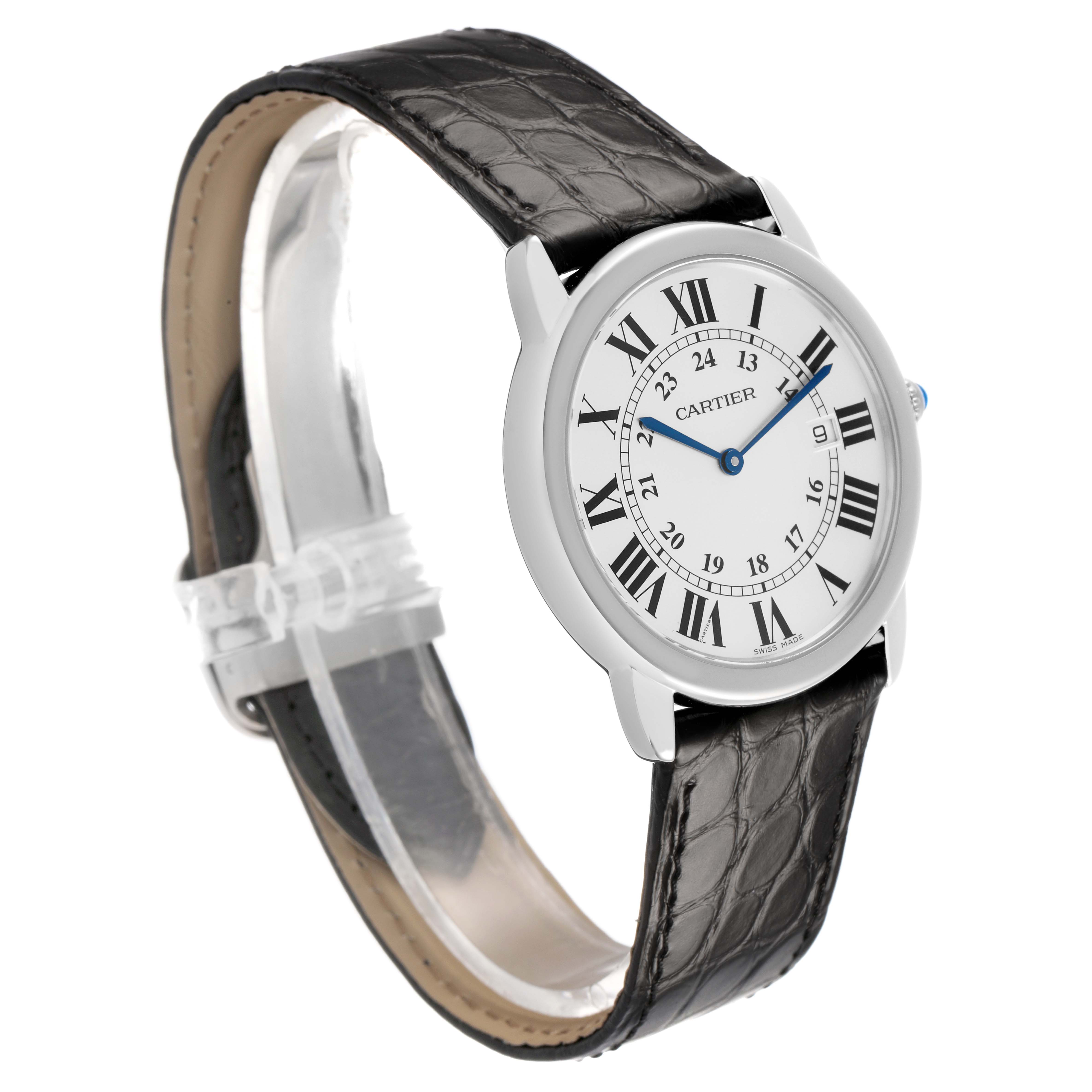 The Cartier Ronde W6700255 Men's Stainless Steel Silver Dial watch is shown at a slight angle, featuring its round face, Roman numerals, and leather strap.