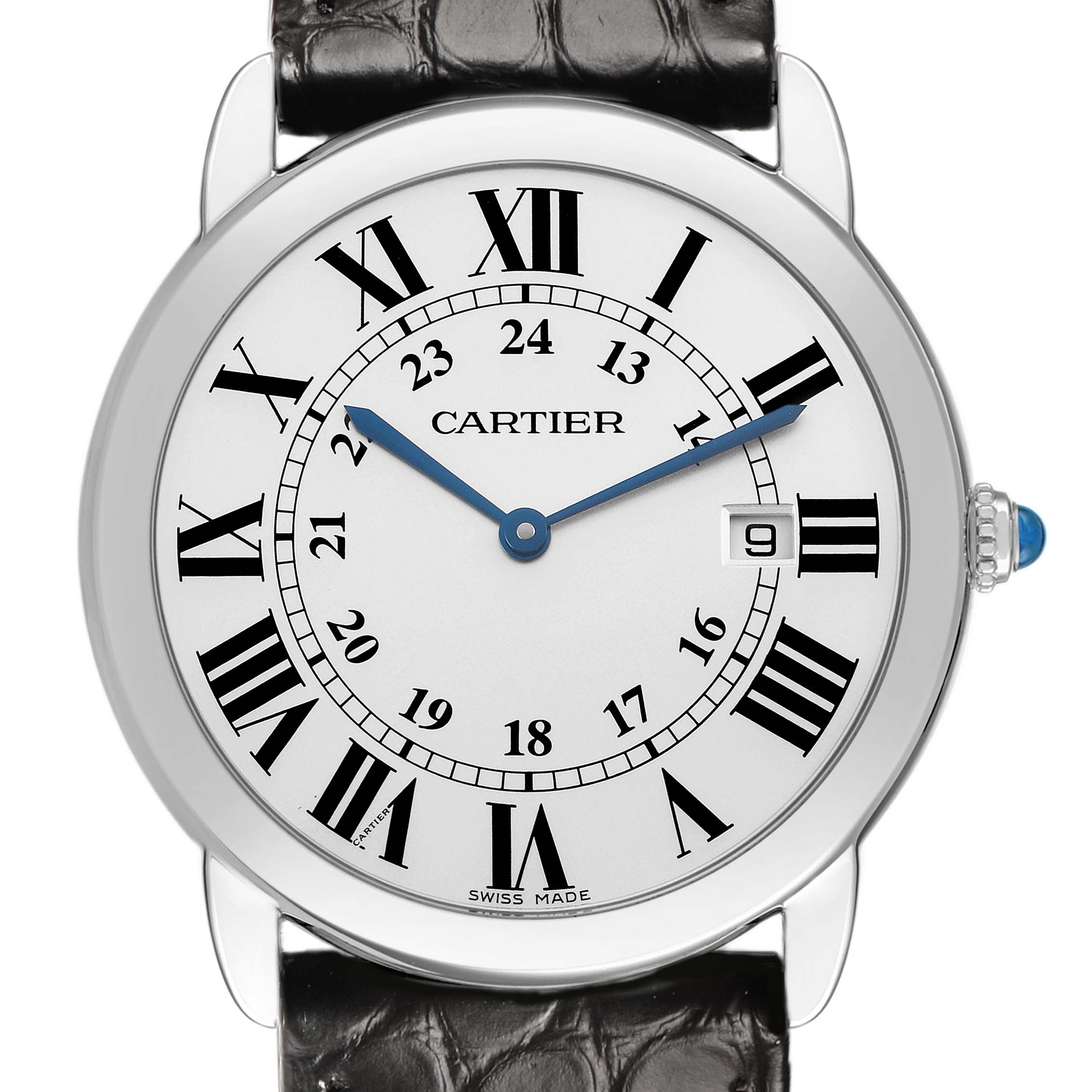 The Cartier Ronde W6700255 Men's Stainless Steel Silver Dial watch is shown from the front, displaying its dial, hands, Roman numerals, date window, and crown.