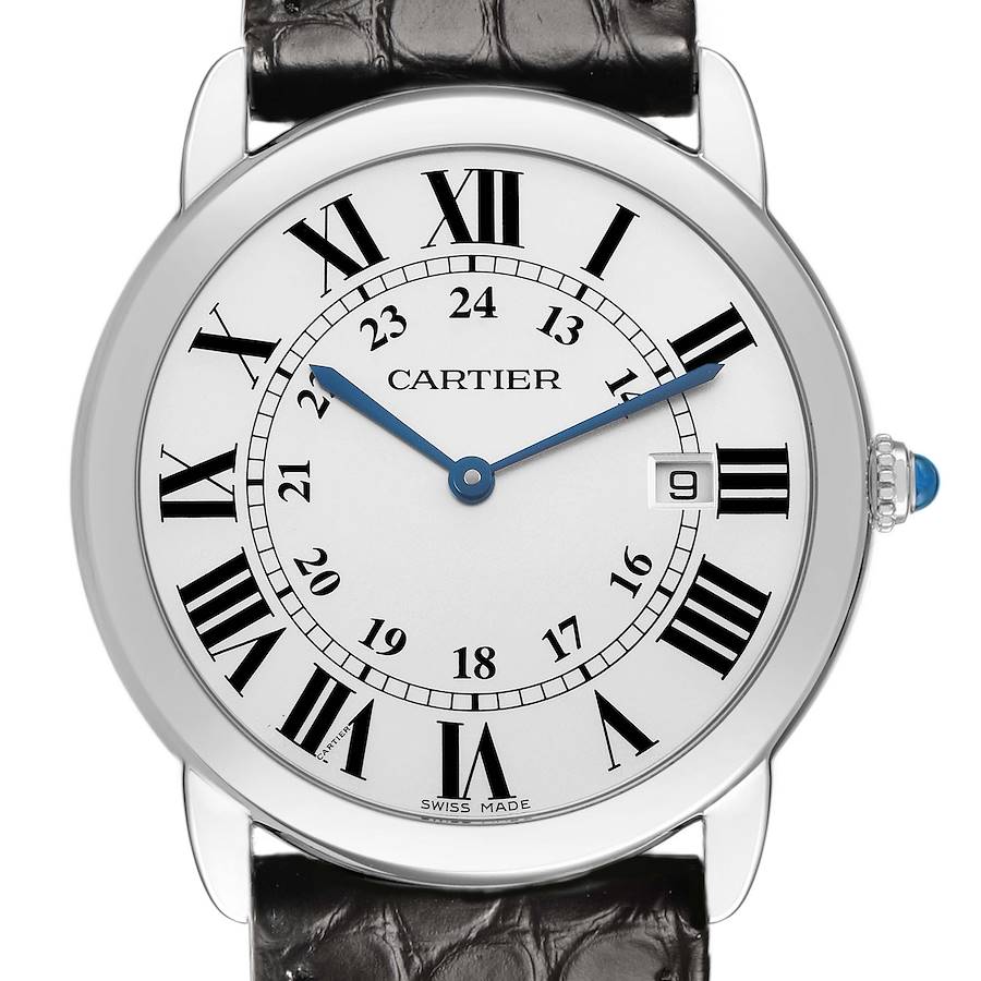 The Cartier Ronde W6700255 Men's Stainless Steel Silver Dial watch is shown from the front, displaying its dial, hands, Roman numerals, date window, and crown.