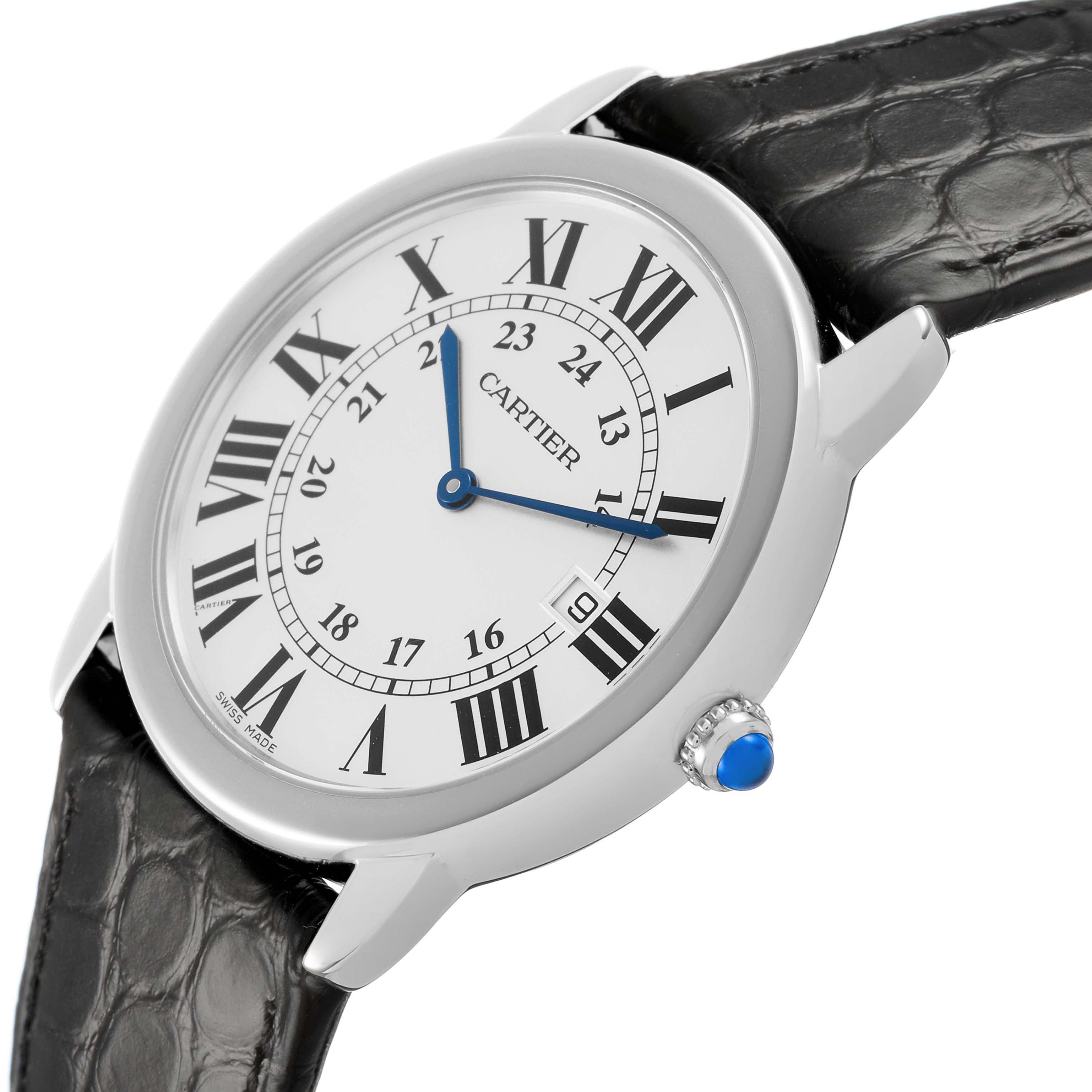 The Cartier Ronde W6700255 Men's Stainless Steel Silver Dial watch is shown at an angled side view, highlighting its dial, Roman numerals, and leather strap.