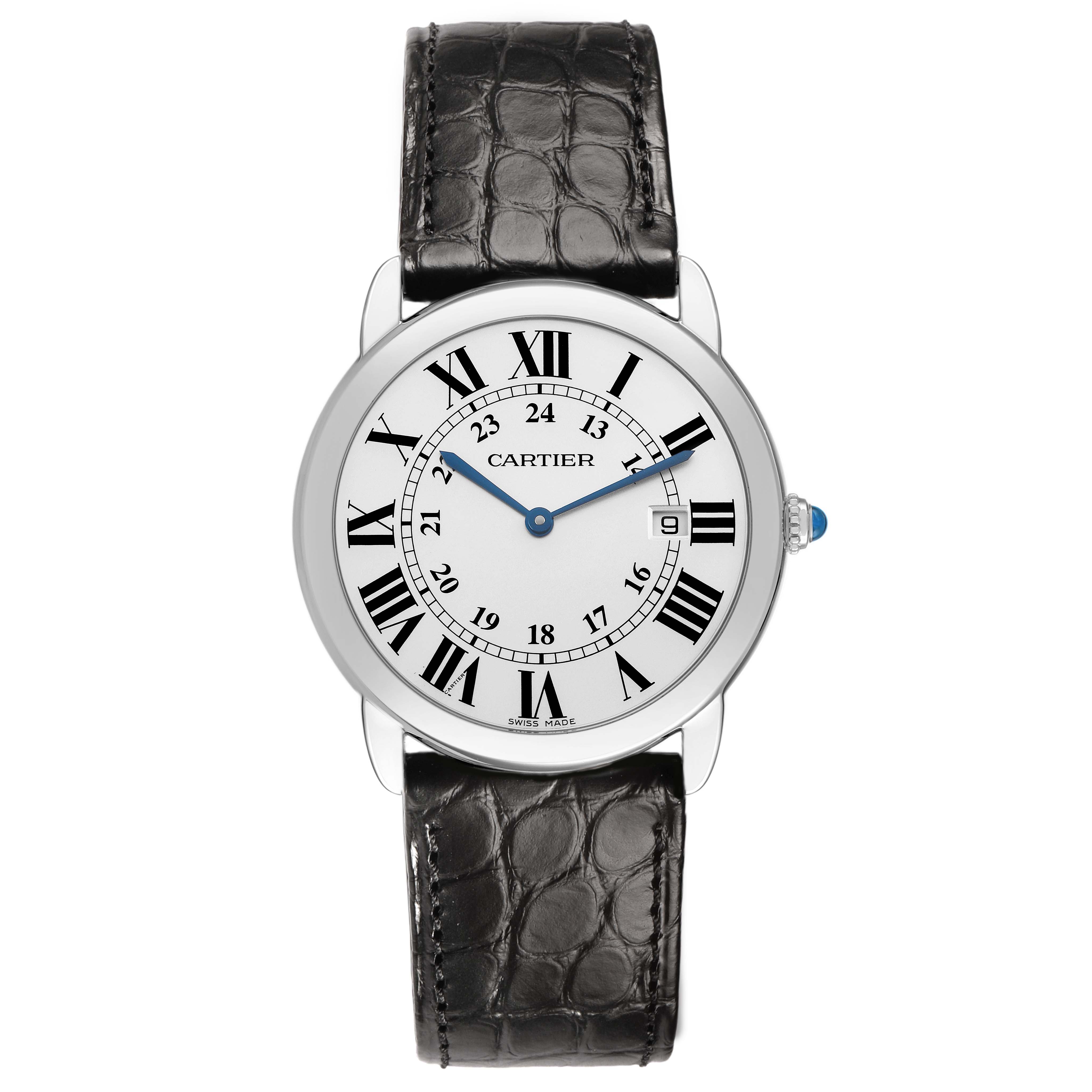 The image shows a front view of the Cartier Ronde W6700255 Men's Stainless Steel Silver Dial watch, highlighting its dial, Roman numerals, and leather strap.