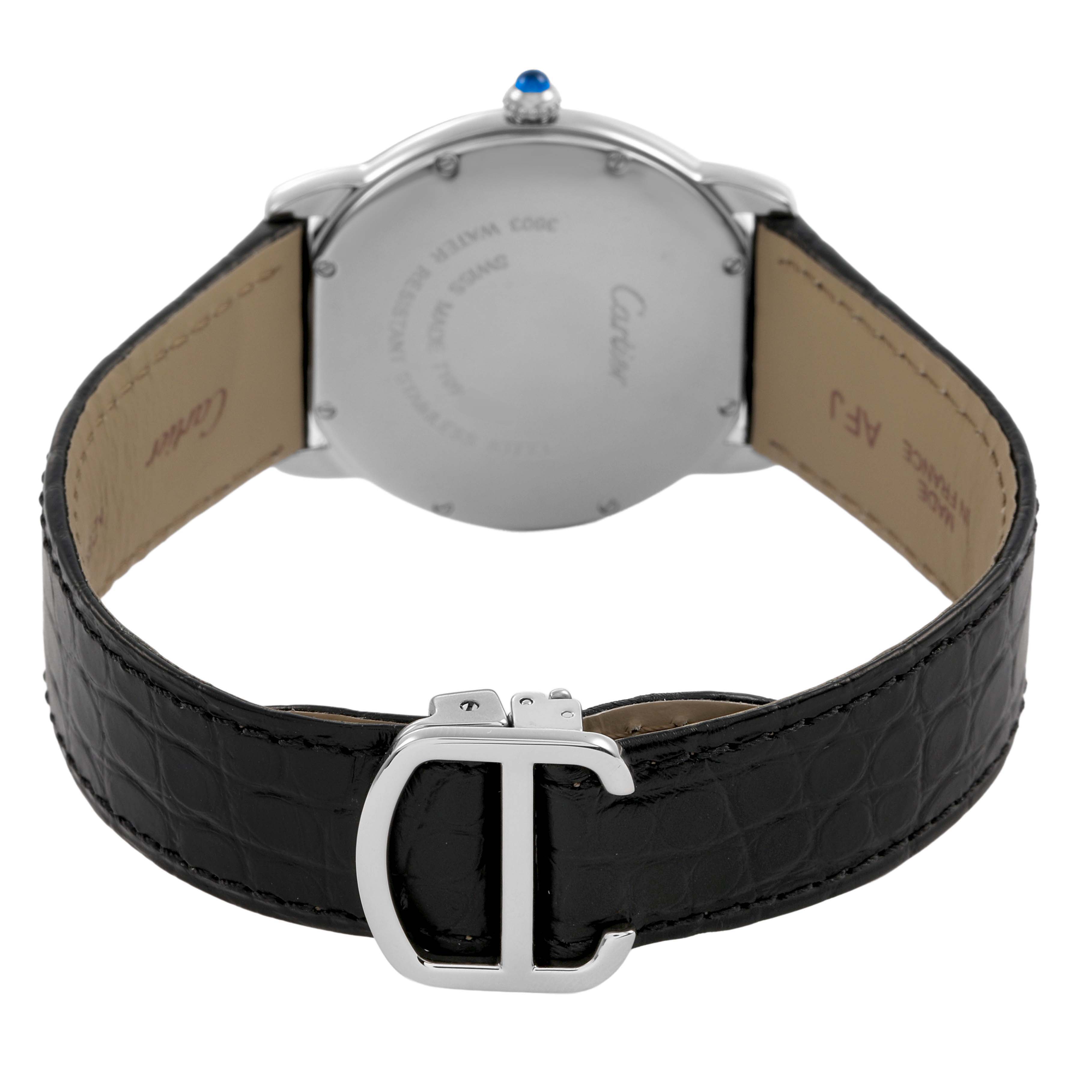 The Cartier Ronde W6700255 Men's Stainless Steel Silver Dial watch is shown from the back, highlighting the case back, strap, and clasp with logo detail.