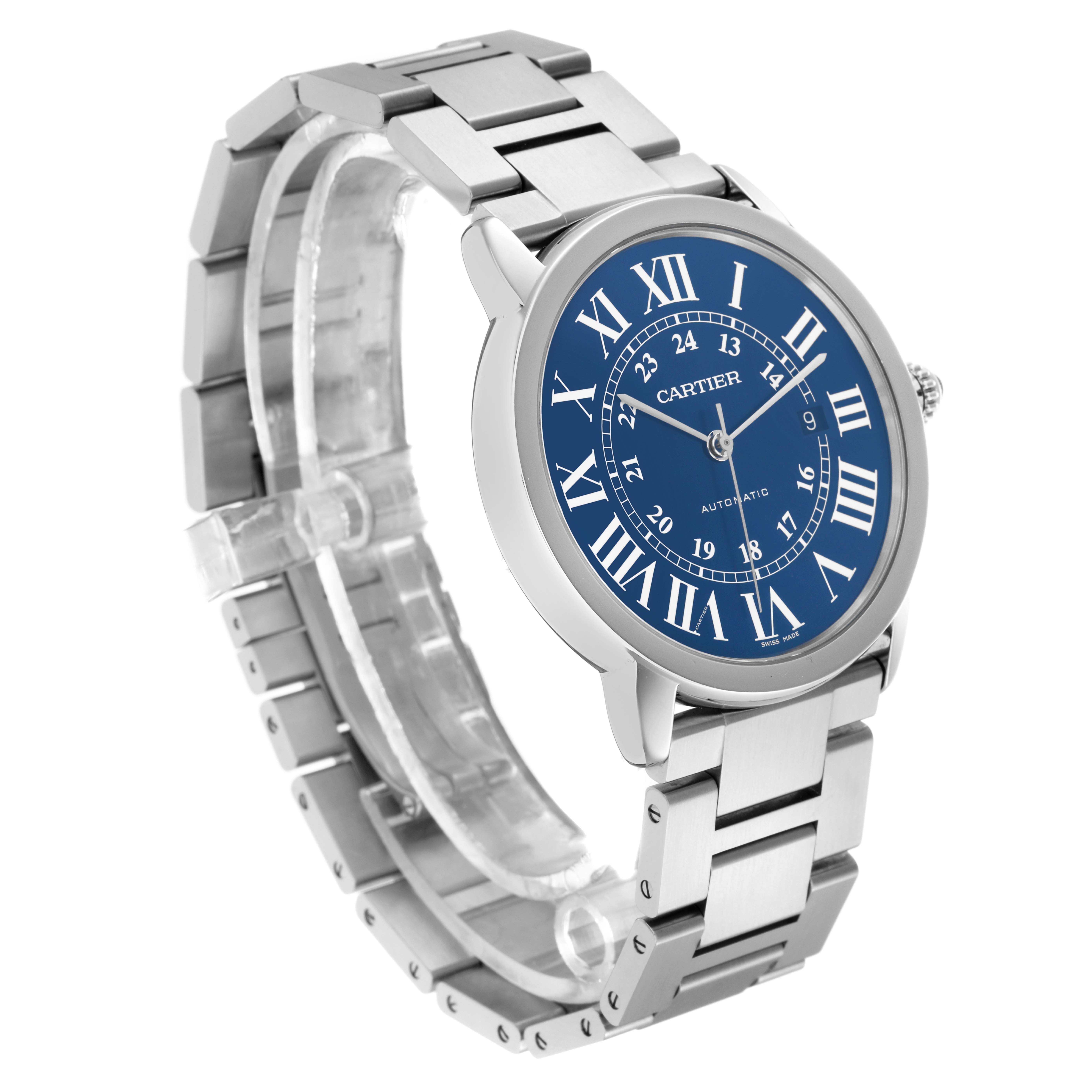 The Cartier Ronde WSRN0023 Men's Stainless Steel Blue Dial WSRN0023 Men's Stainless Steel Blue Dial watch is shown at a three-quarter angle, highlighting its blue dial, Roman numerals, and metal bracelet.
