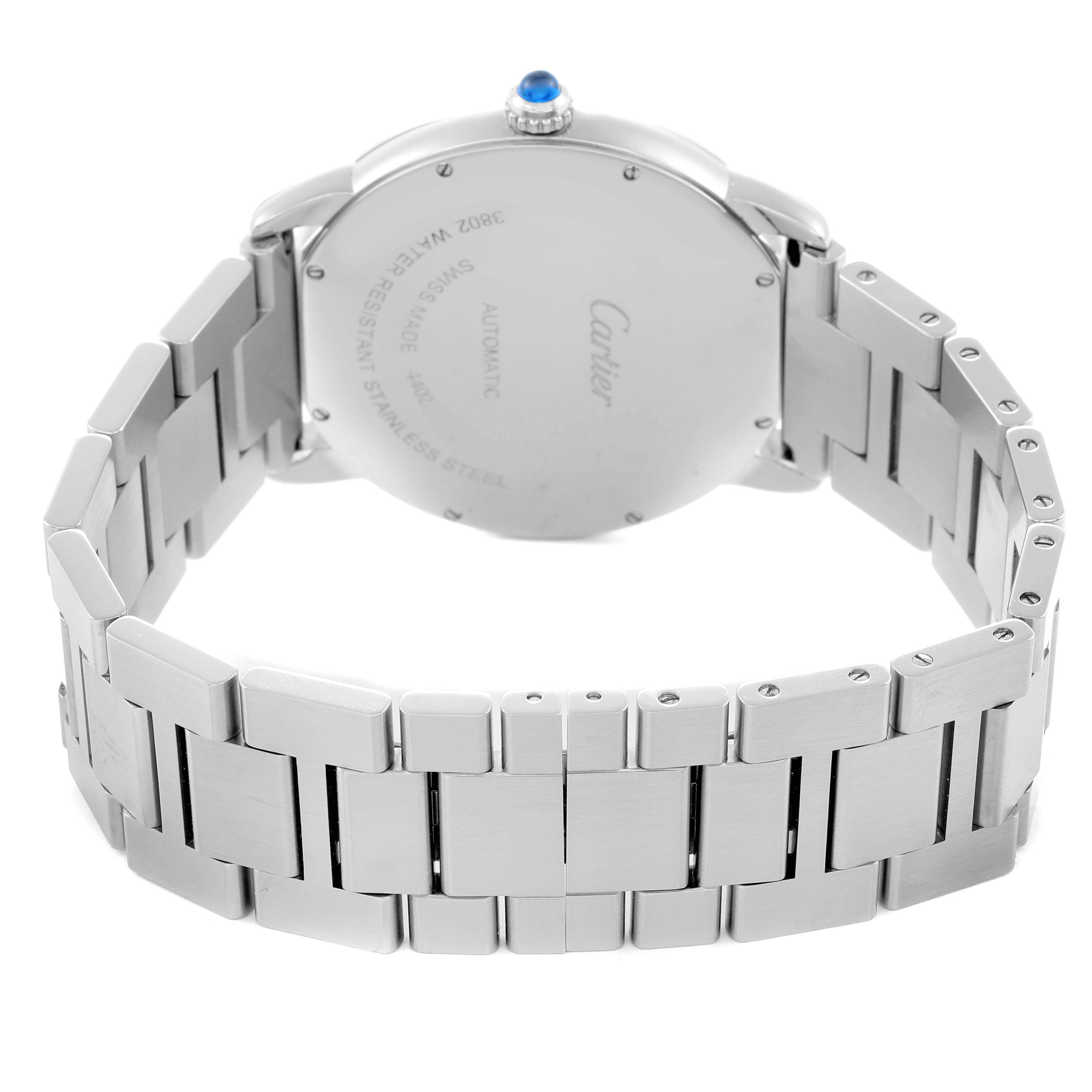 The image shows the back view of a Cartier Ronde WSRN0023 Men's Stainless Steel Blue Dial WSRN0023 Men's Stainless Steel Blue Dial watch, highlighting the bracelet and case back.