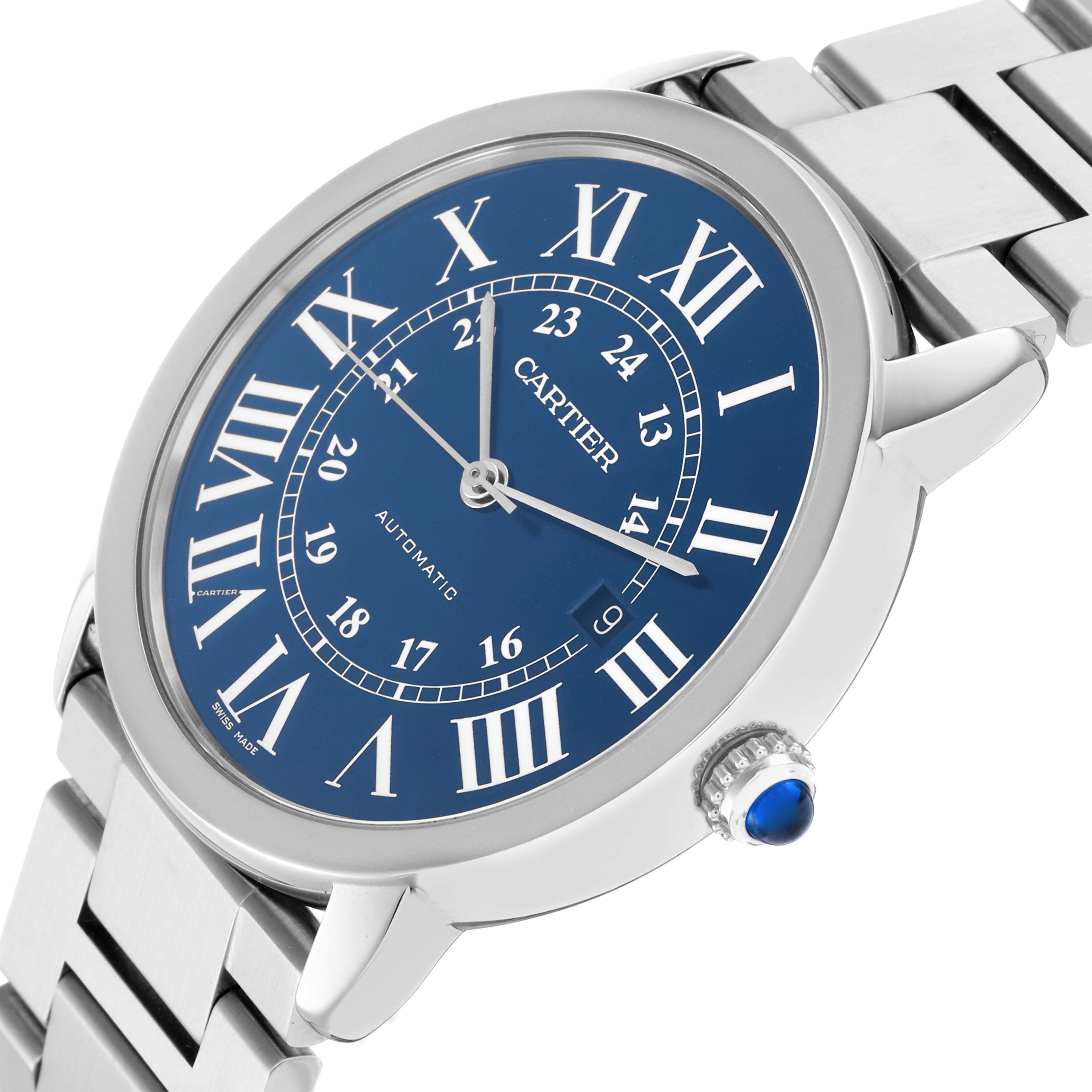 The Cartier Ronde WSRN0023 Men's Stainless Steel Blue Dial WSRN0023 Men's Stainless Steel Blue Dial watch is shown at a slight upper side angle, highlighting the blue dial, Roman numerals, and stainless steel bracelet.