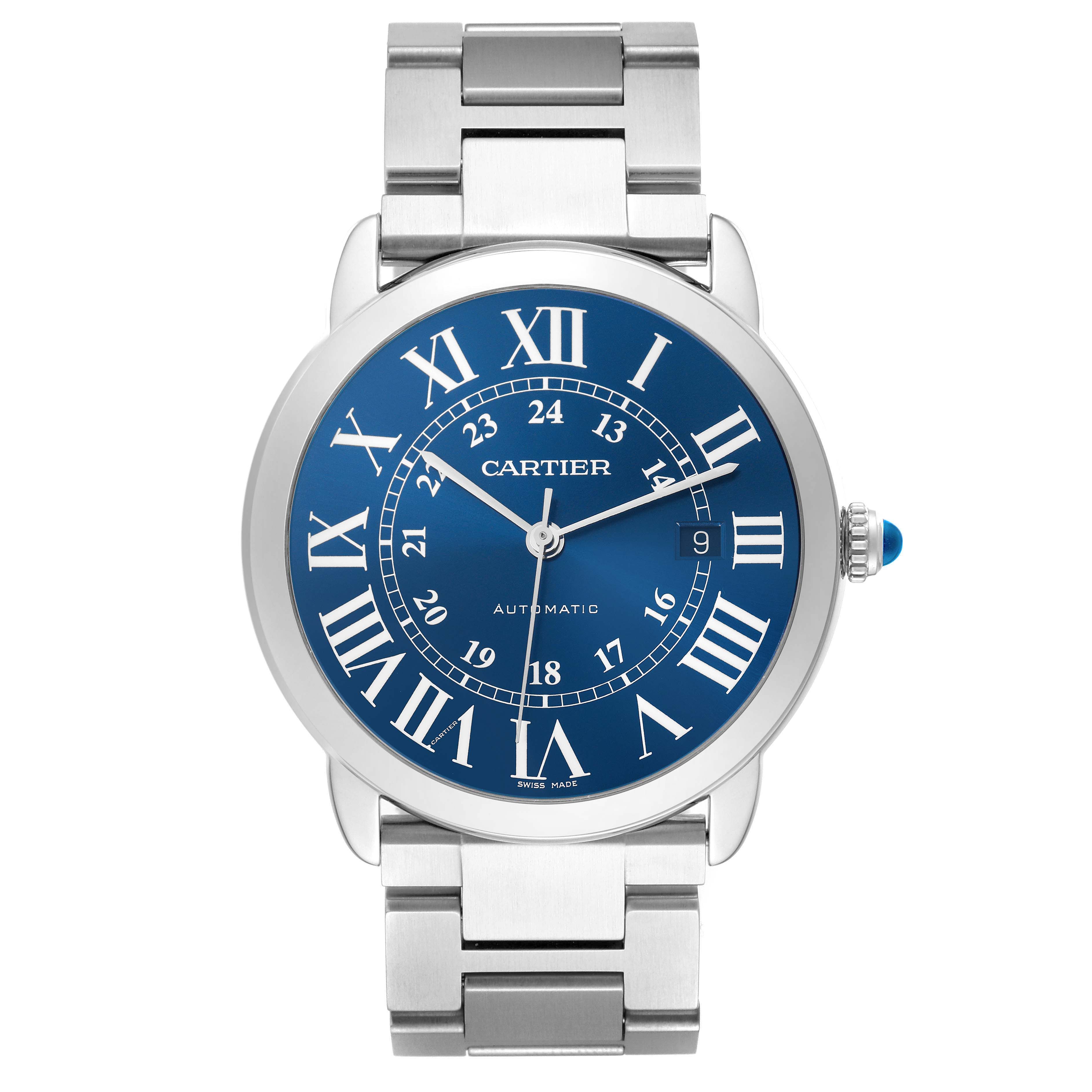 The Cartier Ronde WSRN0023 Men's Stainless Steel Blue Dial WSRN0023 Men's Stainless Steel Blue Dial watch is shown from a front view, displaying its blue dial, Roman numerals, and metal bracelet.