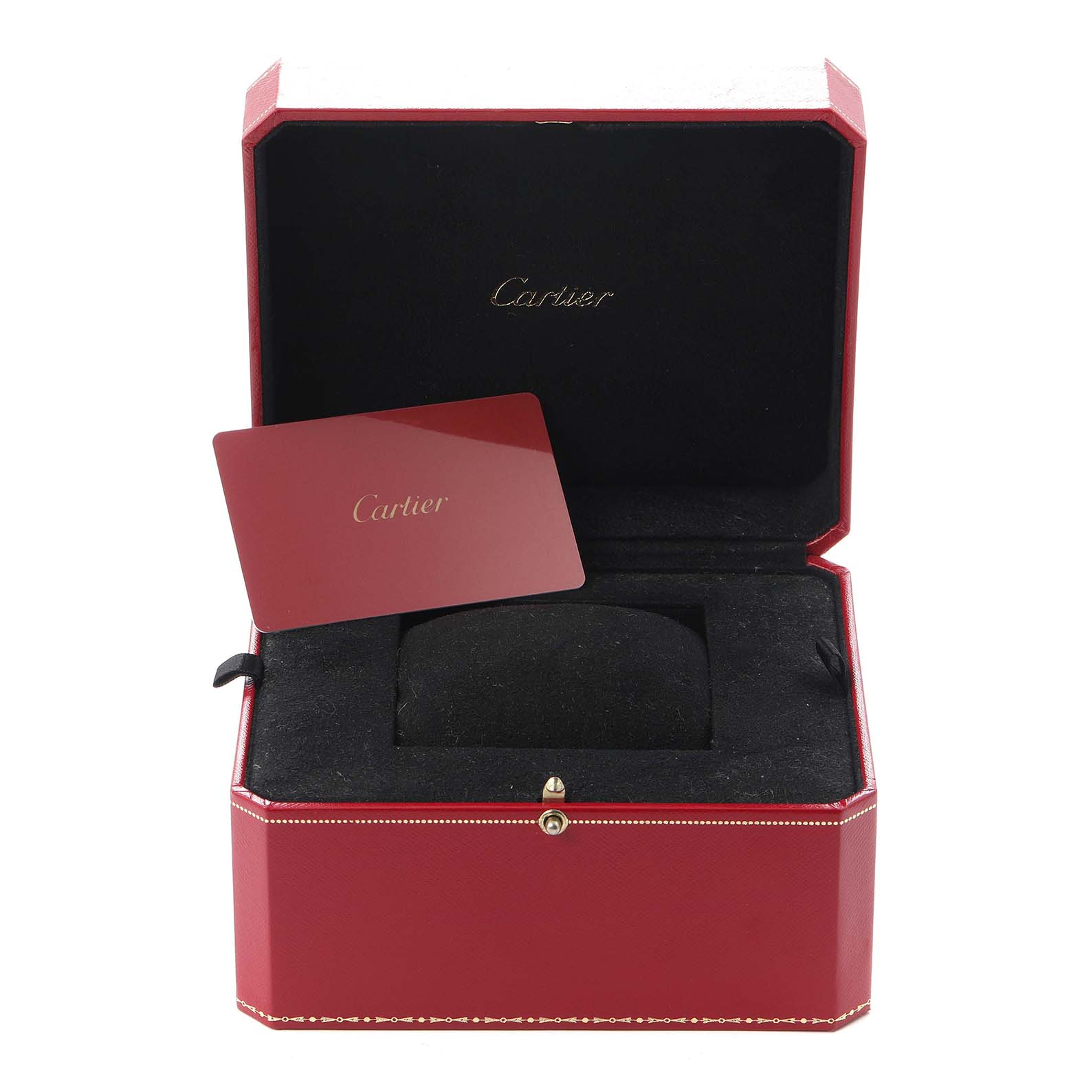 The image shows a Cartier Ronde WSRN0023 Men's Stainless Steel Blue Dial WSRN0023 Men's Stainless Steel Blue Dial model watch box with the cushion and a red branded card inside.