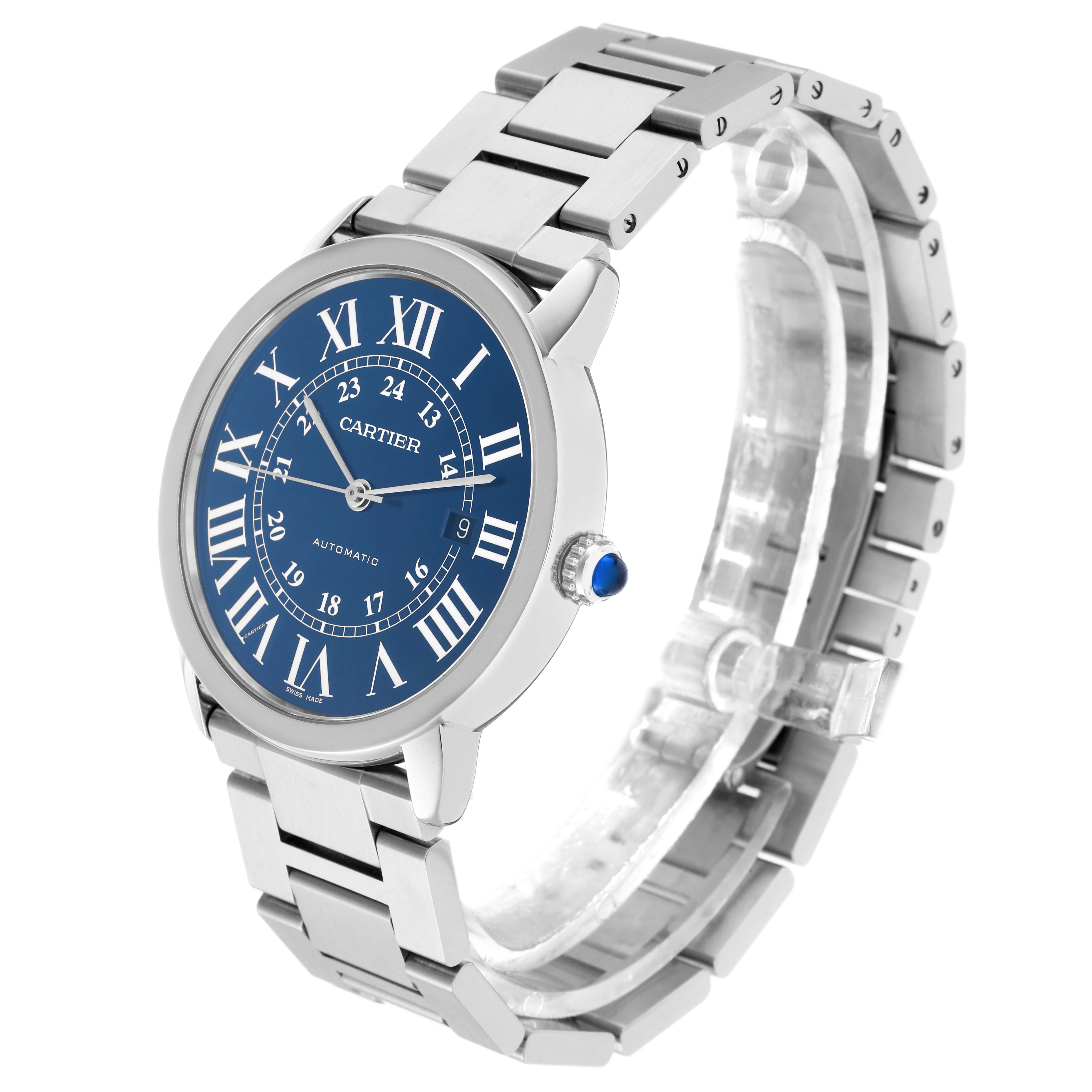 The Cartier Ronde WSRN0023 Men's Stainless Steel Blue Dial WSRN0023 Men's Stainless Steel Blue Dial watch is shown at a three-quarter angle, highlighting its face, case, crown, and metal bracelet.