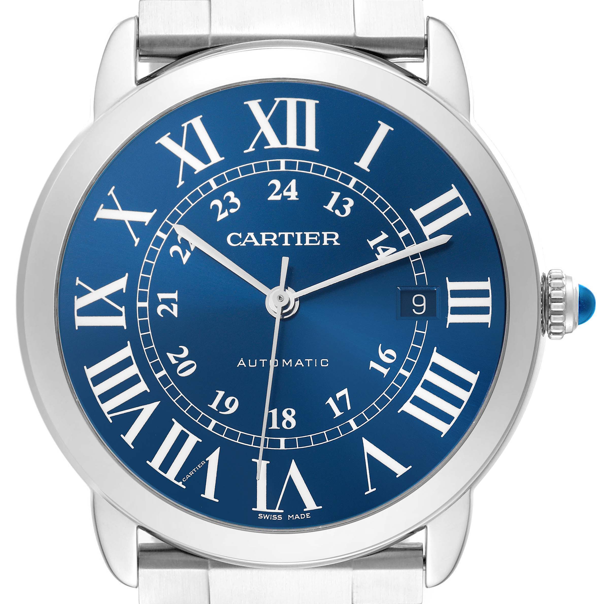 The Cartier Ronde WSRN0023 Men's Stainless Steel Blue Dial WSRN0023 Men's Stainless Steel Blue Dial watch is shown from a front view, highlighting the blue dial, Roman numerals, and crown with a blue cabochon.