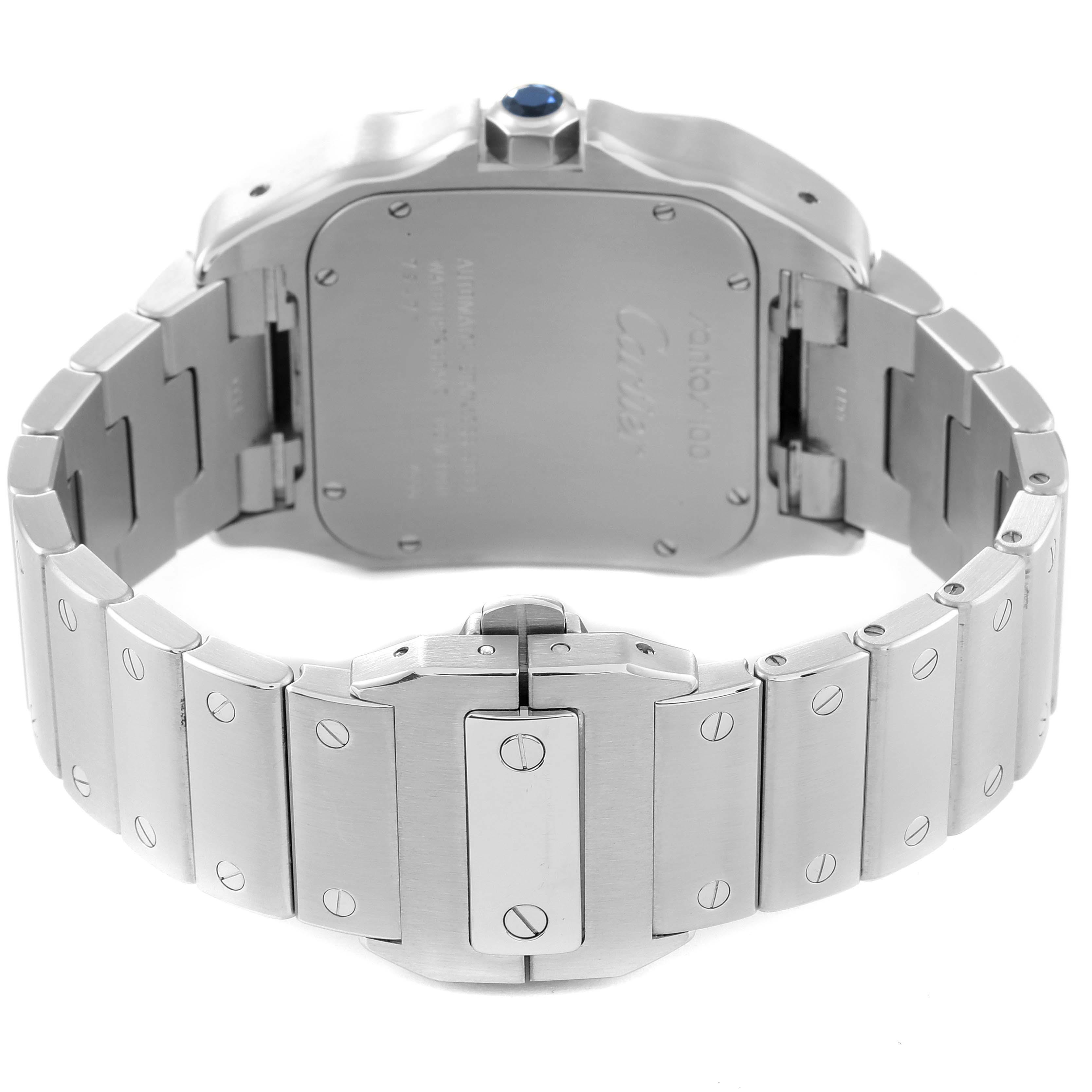 The image shows the back side and bracelet of a Cartier Santos W200737G Men
s Stainless Steel Silver Dial W200737G Men
s Stainless Steel Silver Dial watch with a visible clasp and case back.