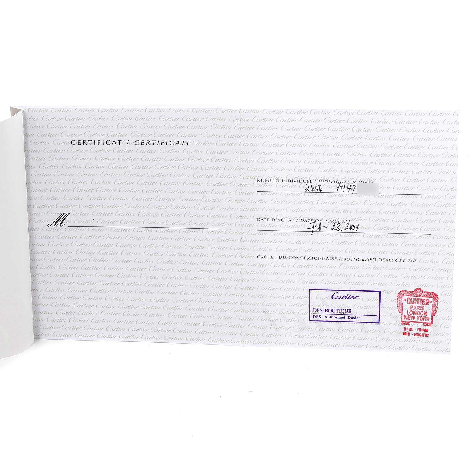 This image shows the certificate for the Santos model by Cartier, including purchase date, serial number, and dealer stamps.