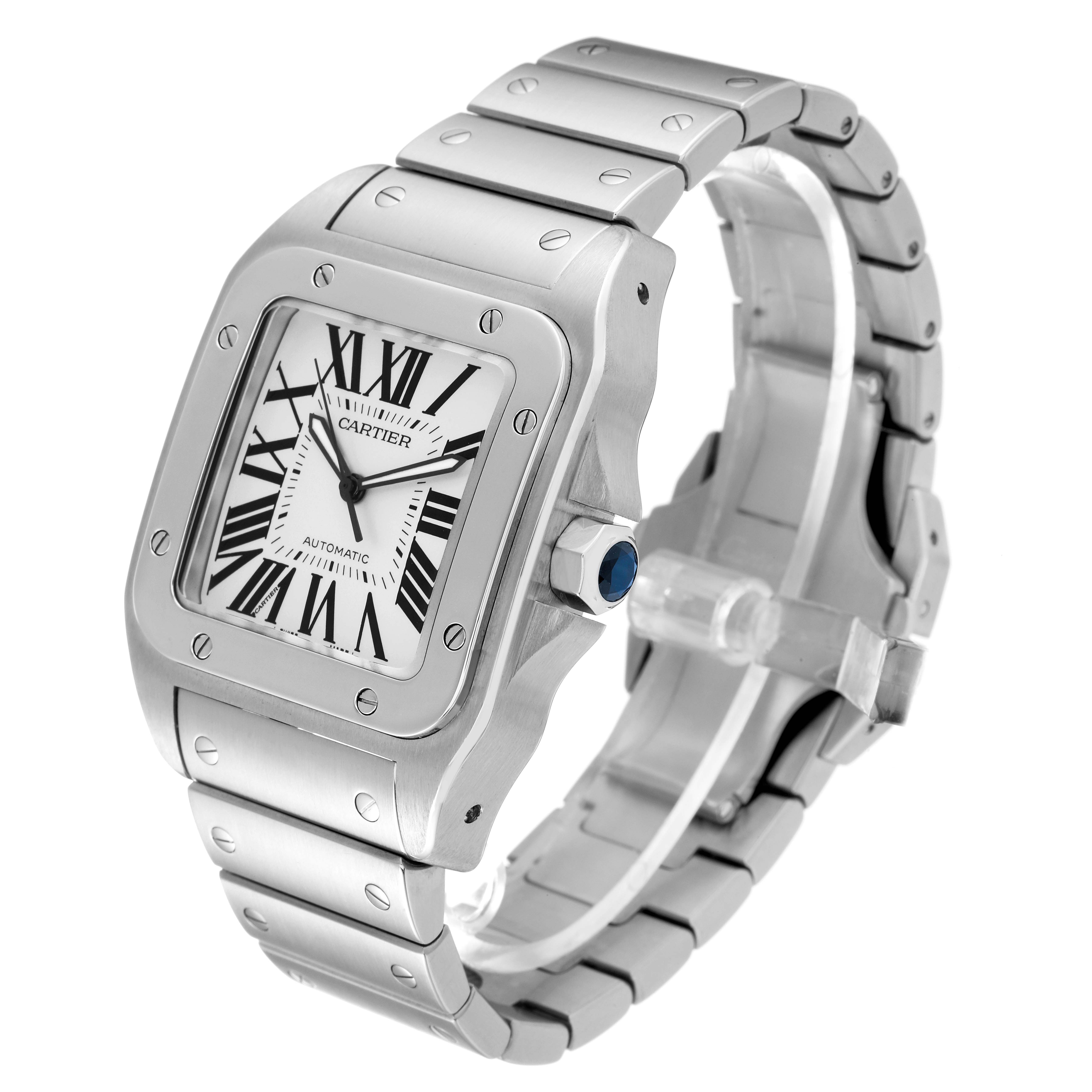 The image shows a Cartier Santos W200737G Men
s Stainless Steel Silver Dial W200737G Men
s Stainless Steel Silver Dial watch viewed from an angle highlighting the face, bezel, and part of the bracelet.
