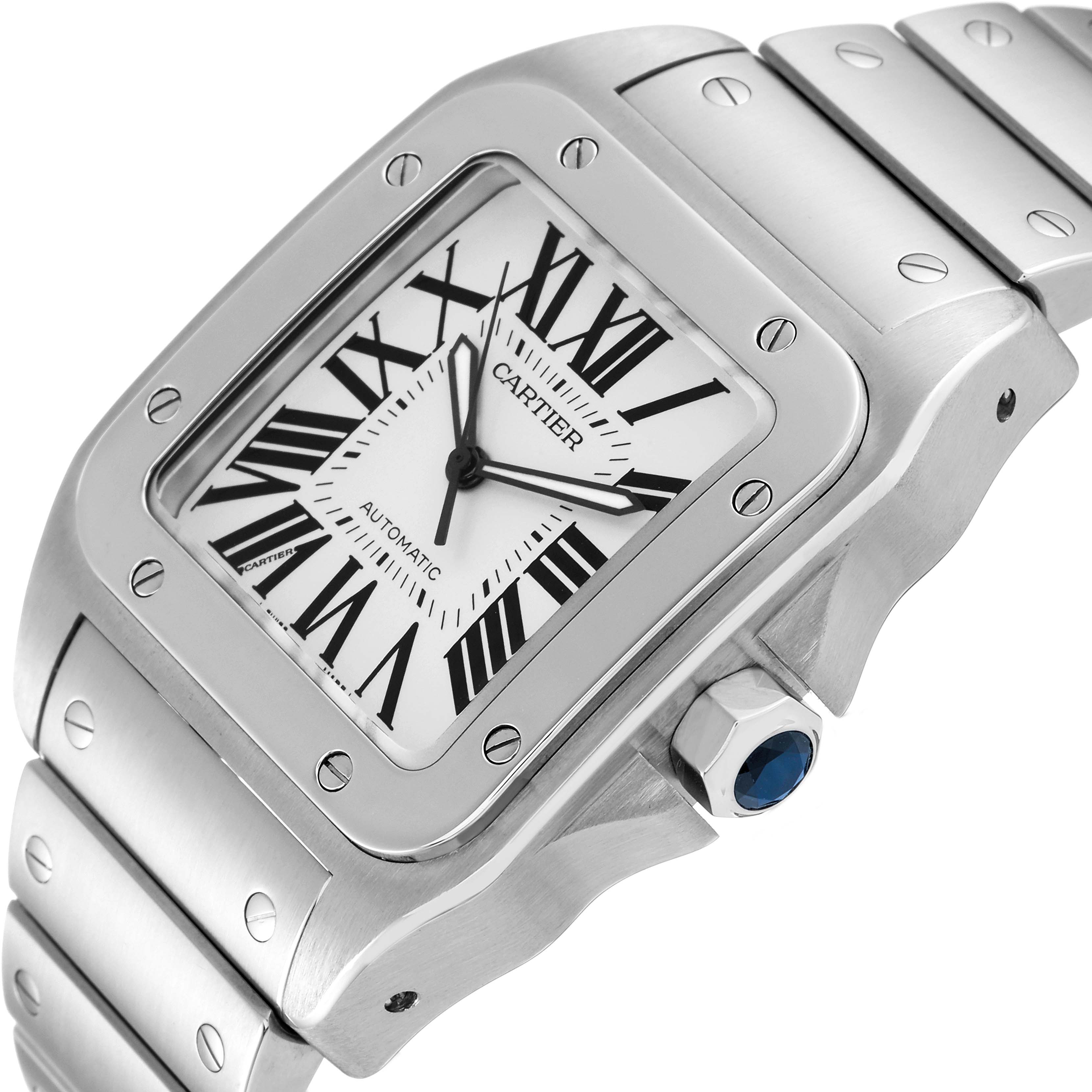This image shows a Cartier Santos W200737G Men
s Stainless Steel Silver Dial W200737G Men
s Stainless Steel Silver Dial watch at an angled view, highlighting its face, bezel, crown, and part of the bracelet.