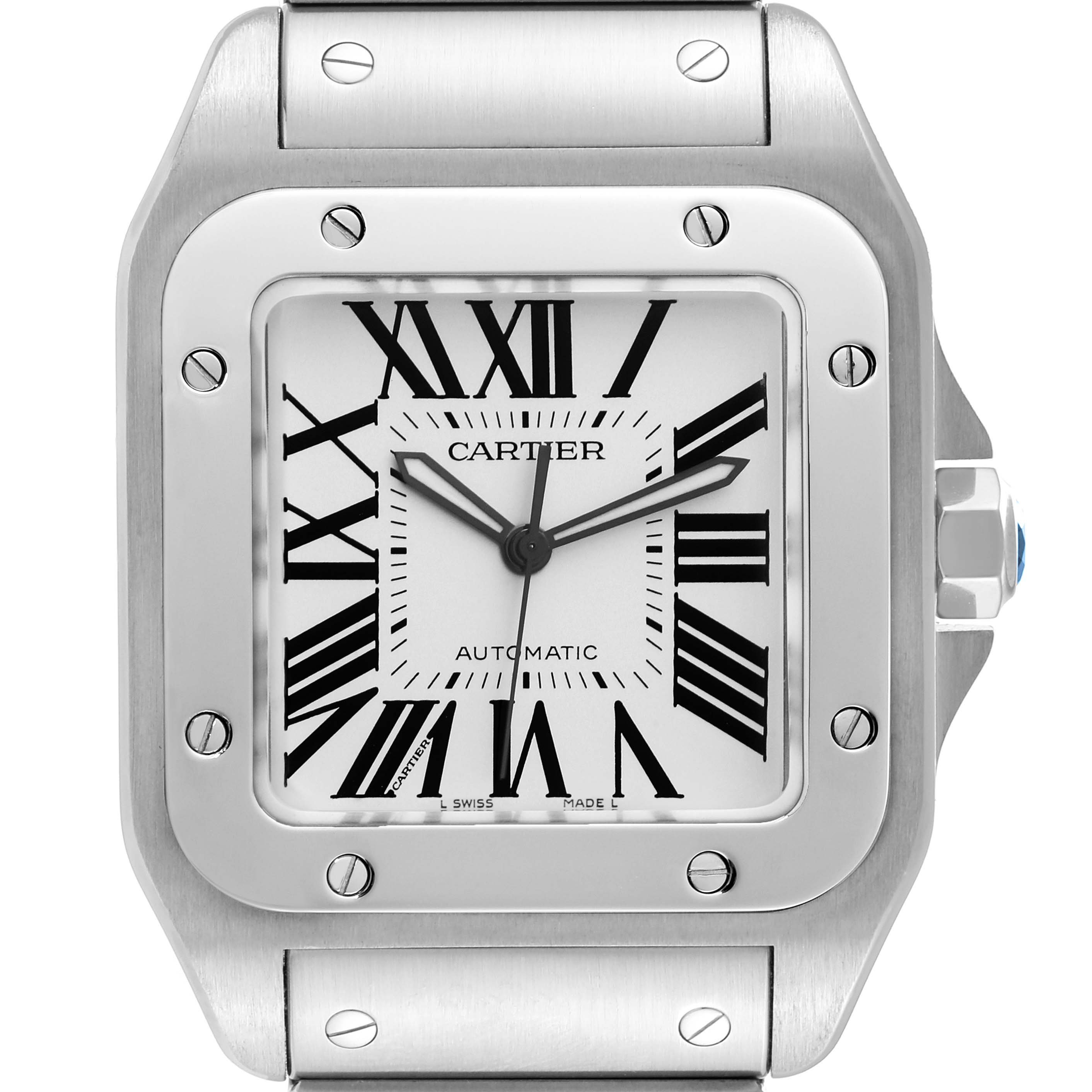 The image shows a front view of the Cartier Santos W200737G Men
s Stainless Steel Silver Dial W200737G Men
s Stainless Steel Silver Dial watch, highlighting its face, bezel, screws, and part of the bracelet.