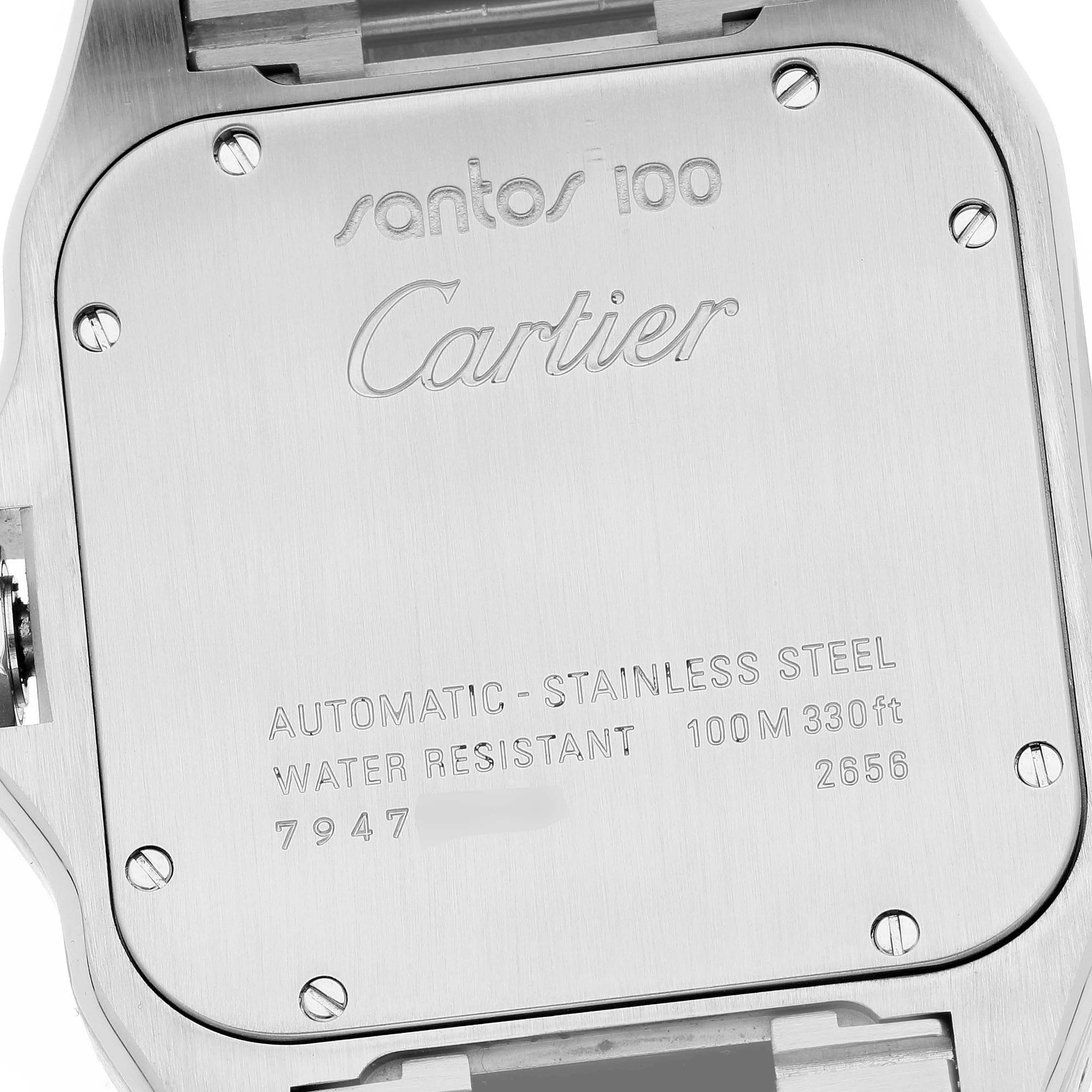 This is the back of a Cartier Santos W200737G Men
s Stainless Steel Silver Dial W200737G Men
s Stainless Steel Silver Dial 100 watch showing the case back details, including branding and specifications.