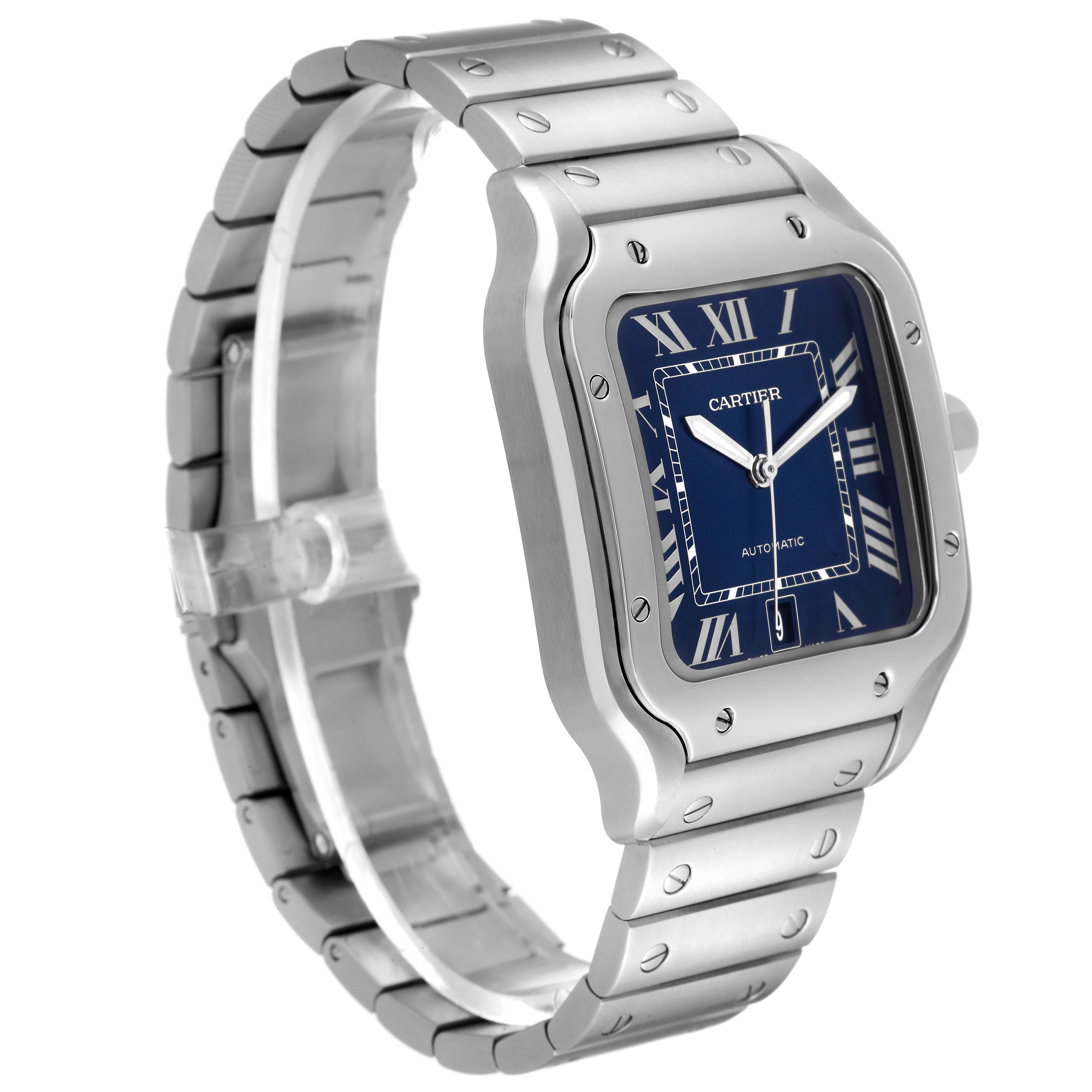 The image shows a side angle of the Cartier Santos WSSA0013 Men's Stainless Steel Blue Dial WSSA0013 Men's Stainless Steel Blue Dial watch, highlighting its metal bracelet and blue dial.