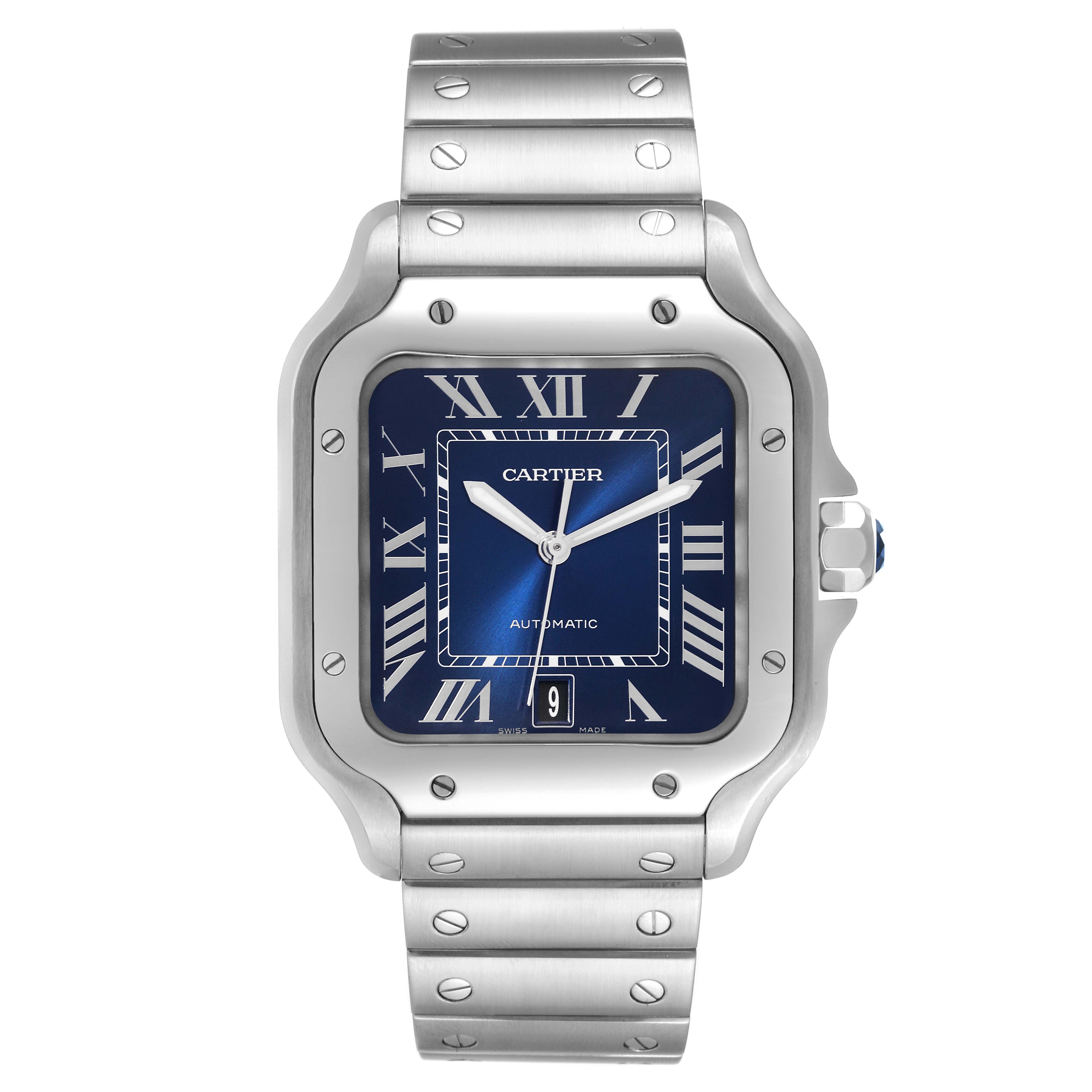 This image shows a front view of a Santos model watch by Cartier, highlighting its face, bezel, and bracelet.