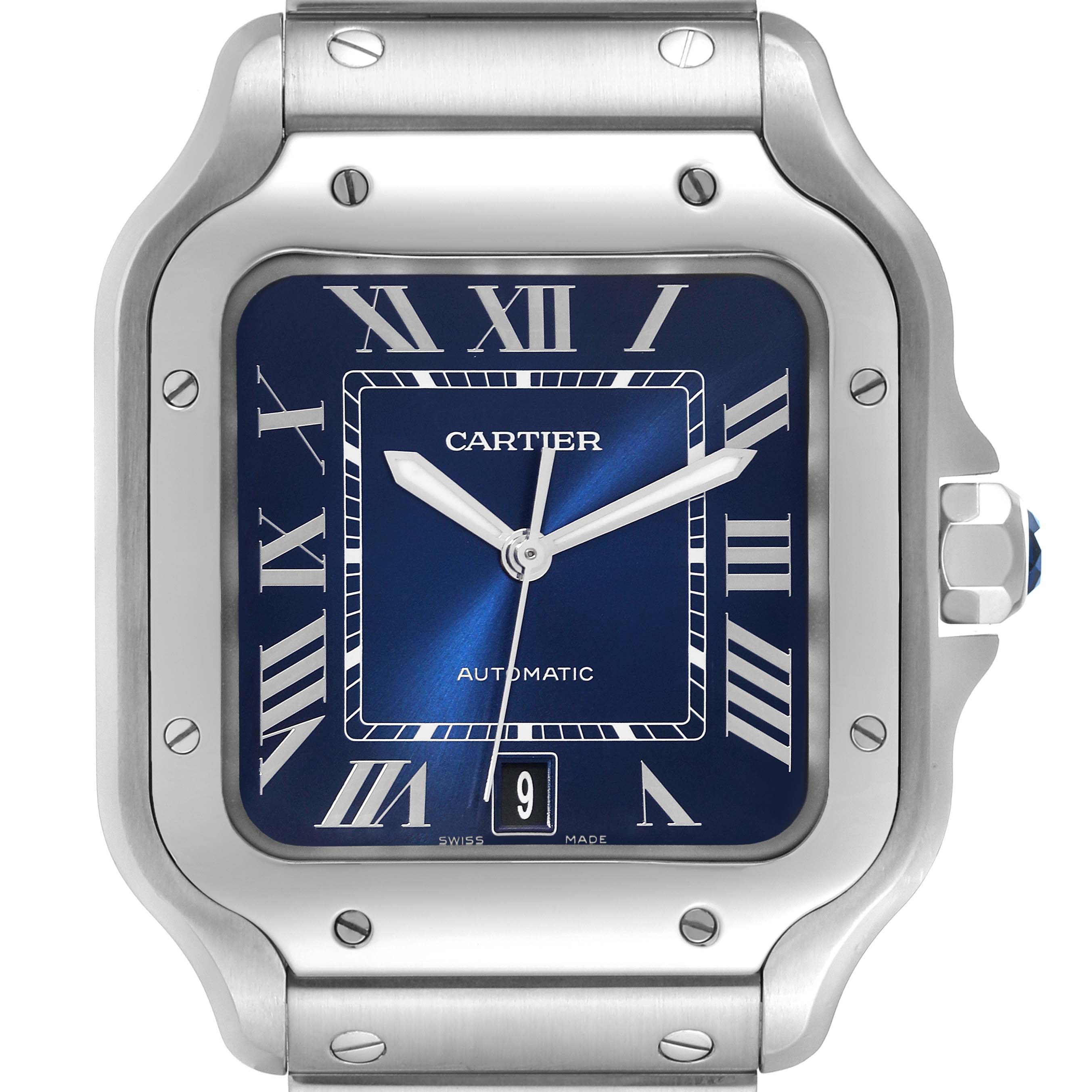 The image shows a front view of the Cartier Santos WSSA0013 Men's Stainless Steel Blue Dial WSSA0013 Men's Stainless Steel Blue Dial watch, highlighting its blue dial, Roman numerals, and metal case.