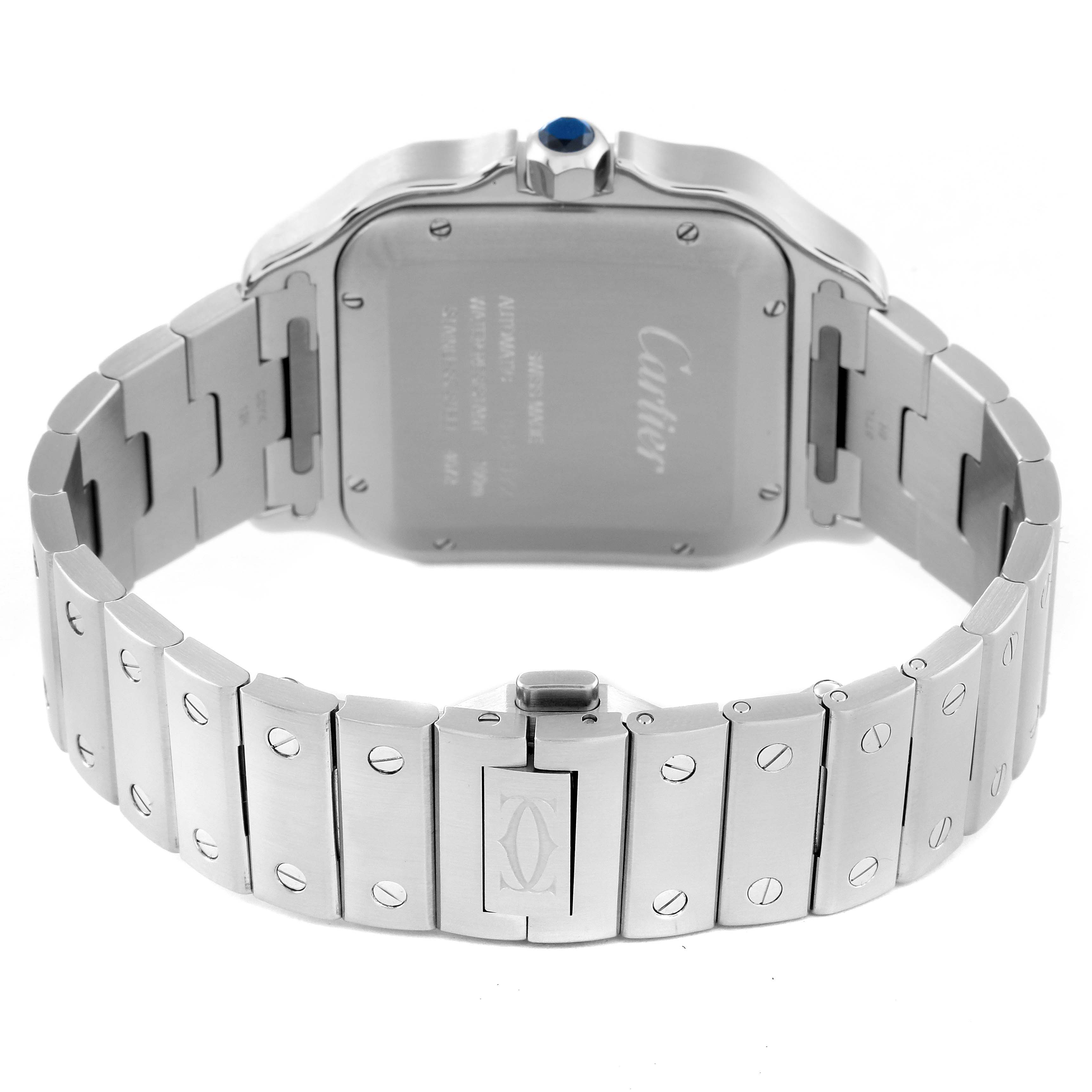 The image shows the back and bracelet of a Cartier Santos WSSA0013 Men's Stainless Steel Blue Dial WSSA0013 Men's Stainless Steel Blue Dial watch, highlighting the case back, crown, and clasp.