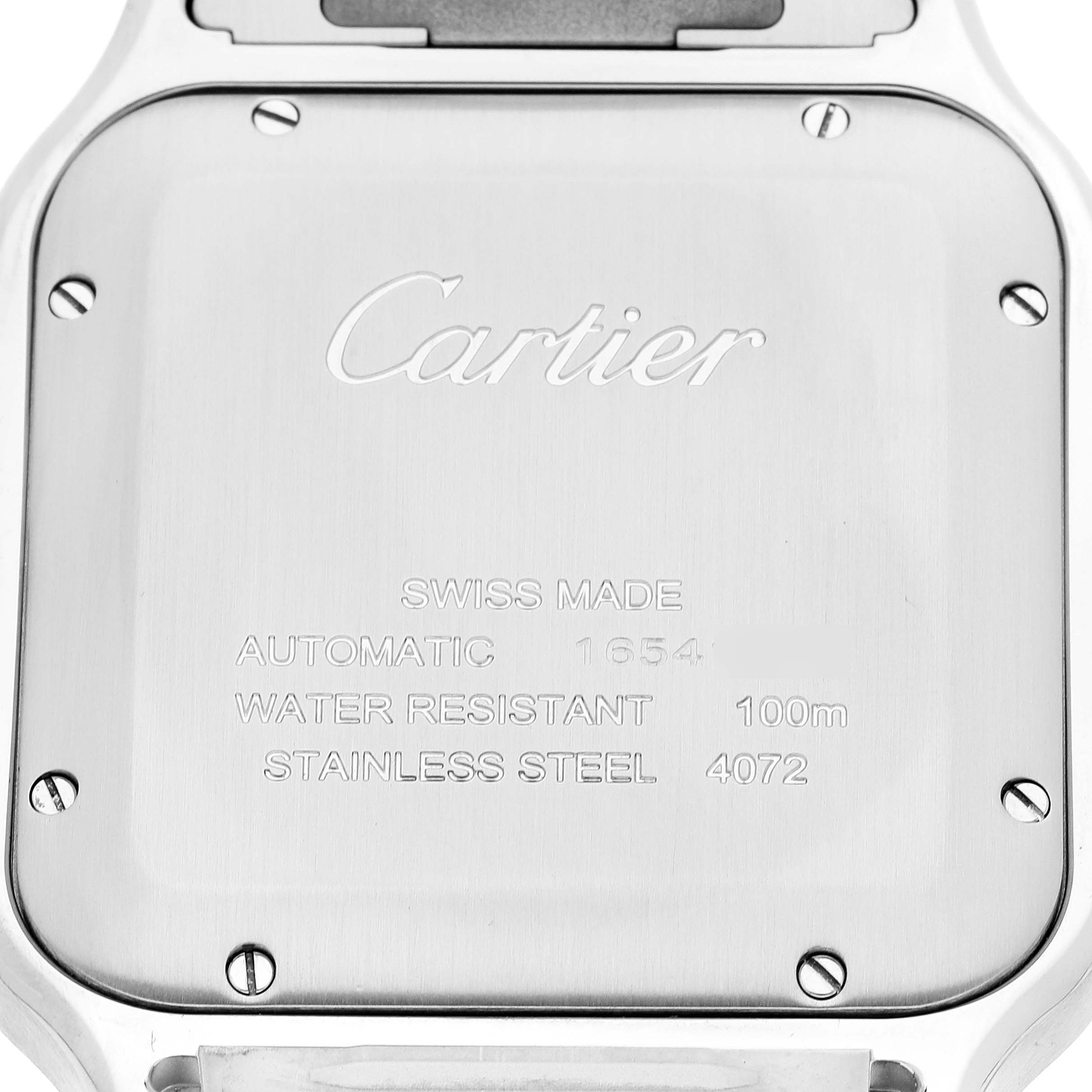 The image shows the case back of a Cartier Santos WSSA0013 Men's Stainless Steel Blue Dial WSSA0013 Men's Stainless Steel Blue Dial watch, highlighting the brand name, model specifications, and water resistance level.