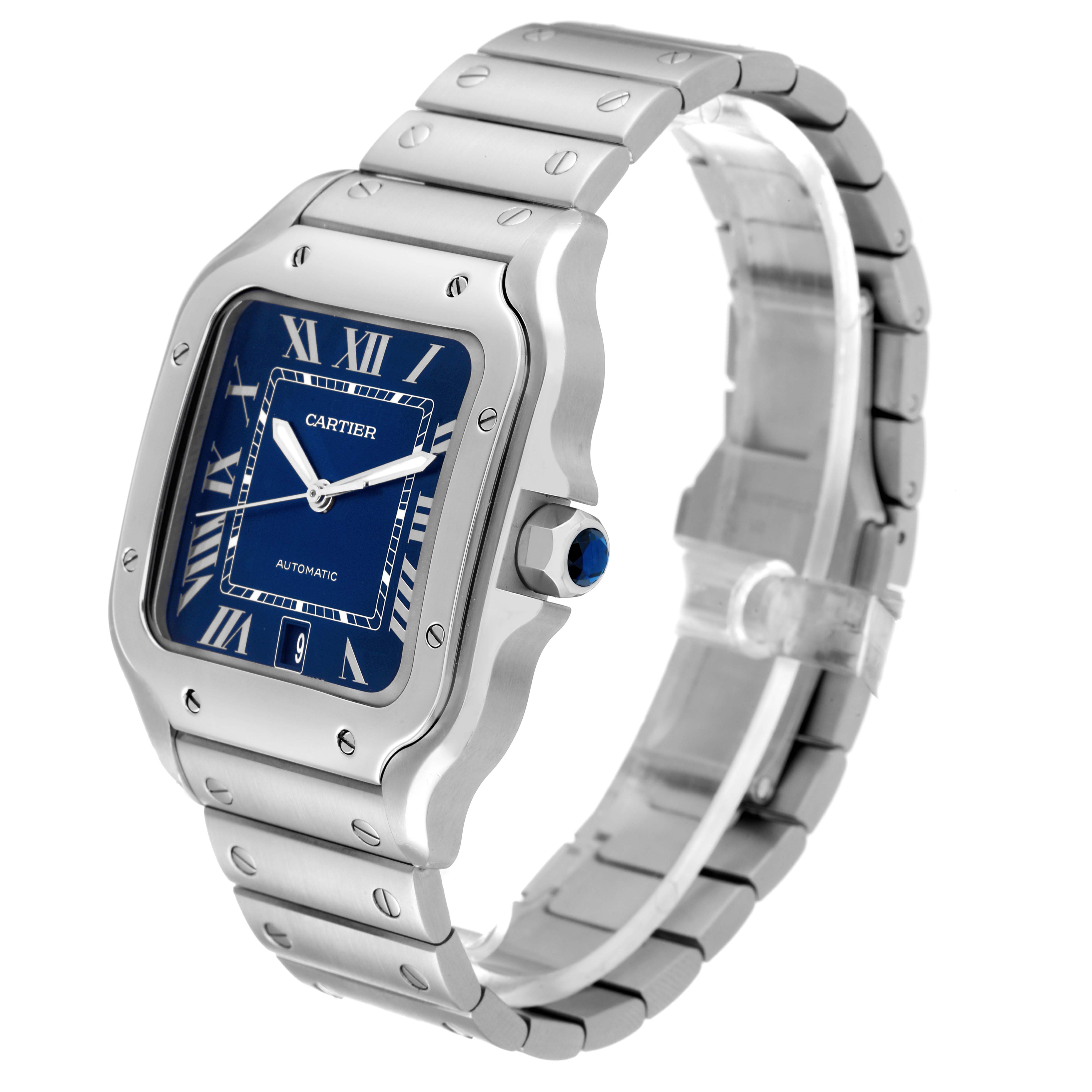 The image shows a three-quarter view of a Cartier Santos WSSA0013 Men's Stainless Steel Blue Dial WSSA0013 Men's Stainless Steel Blue Dial watch, highlighting its blue dial, Roman numerals, and metal bracelet.