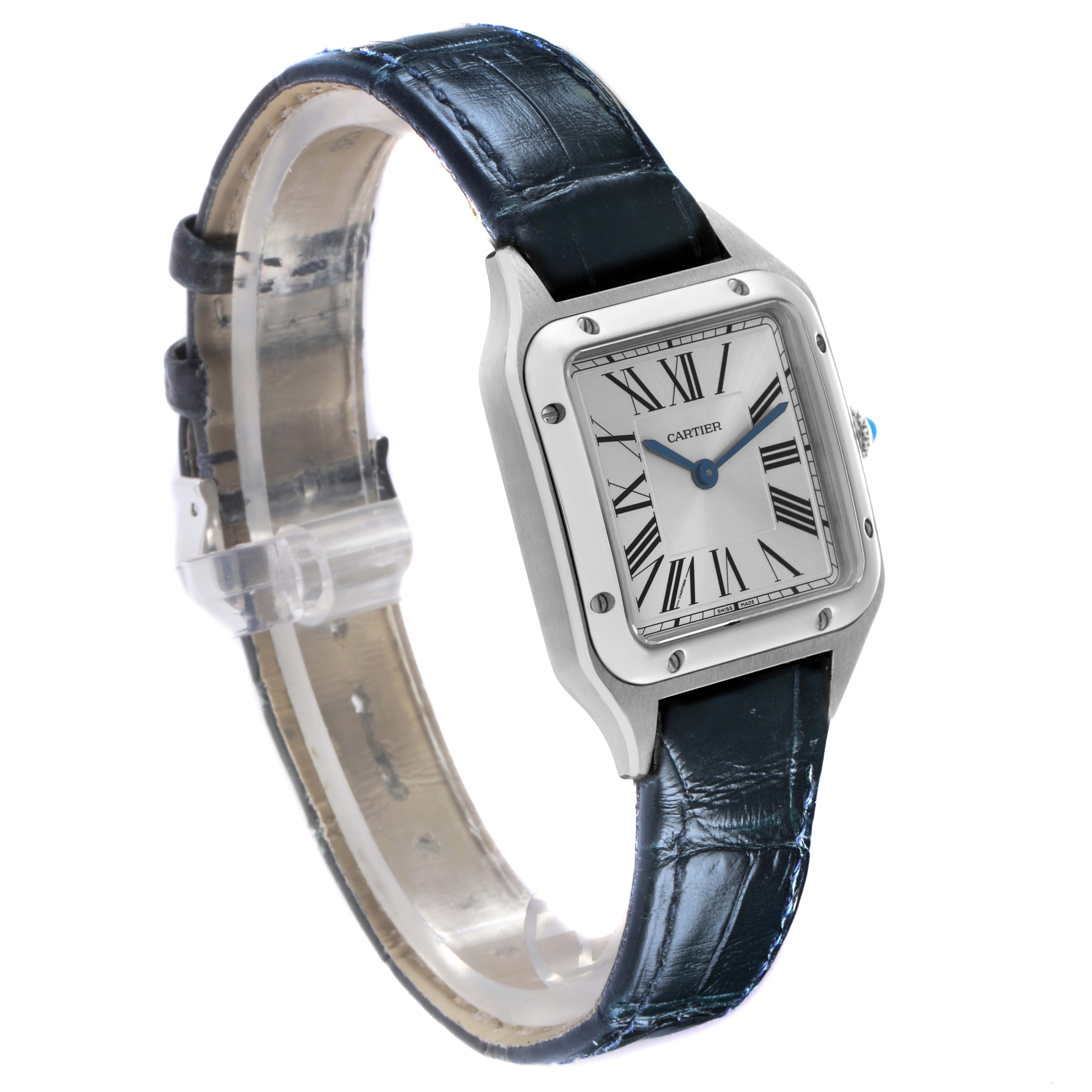 The Cartier Santos WSSA0023 Women
s Stainless Steel Silver Dial WSSA0023 Women
s Stainless Steel Silver Dial watch is shown at an angled view, displaying the face, bezel, and leather strap.