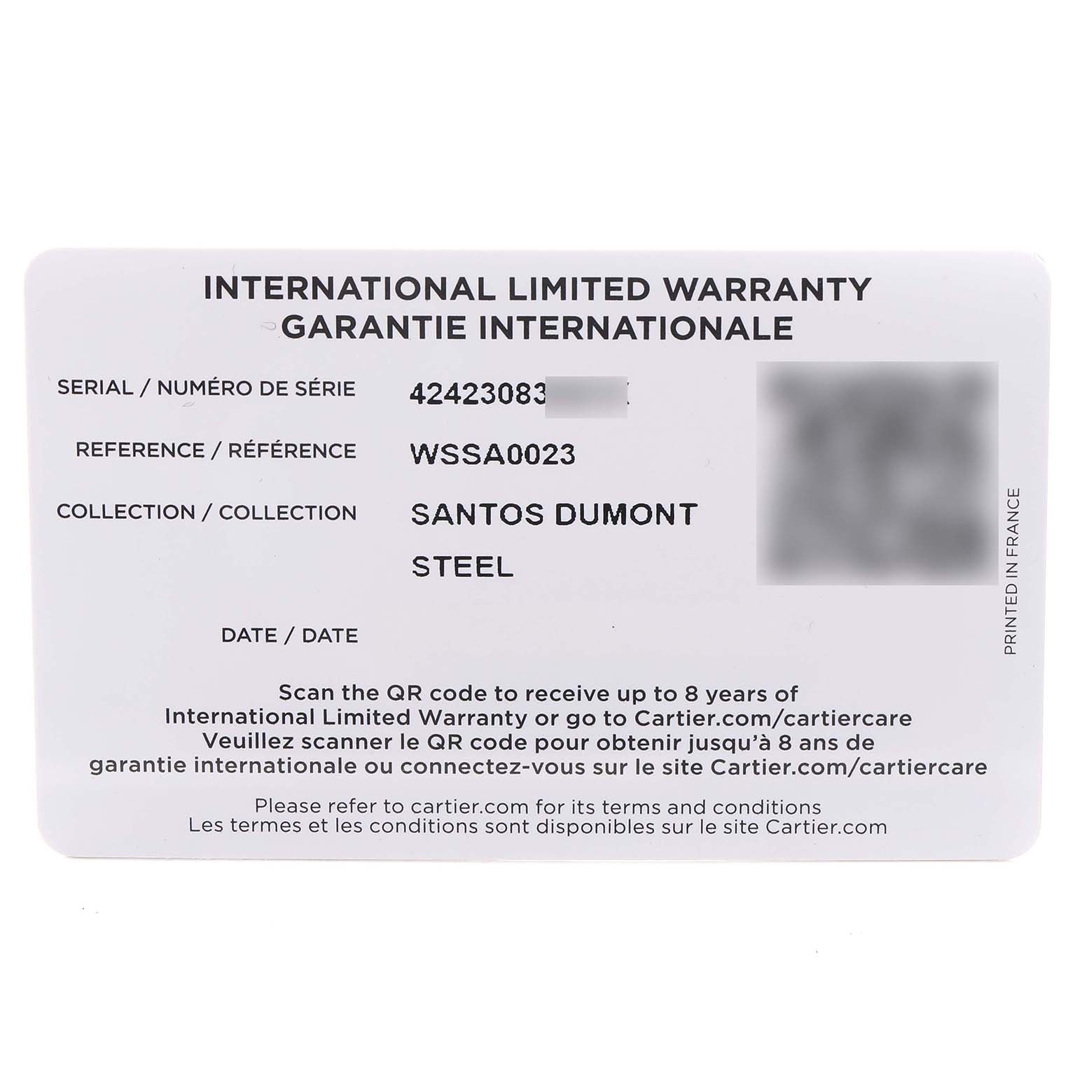 The image shows an international warranty card for the Santos model by Cartier, displaying serial and reference numbers.
