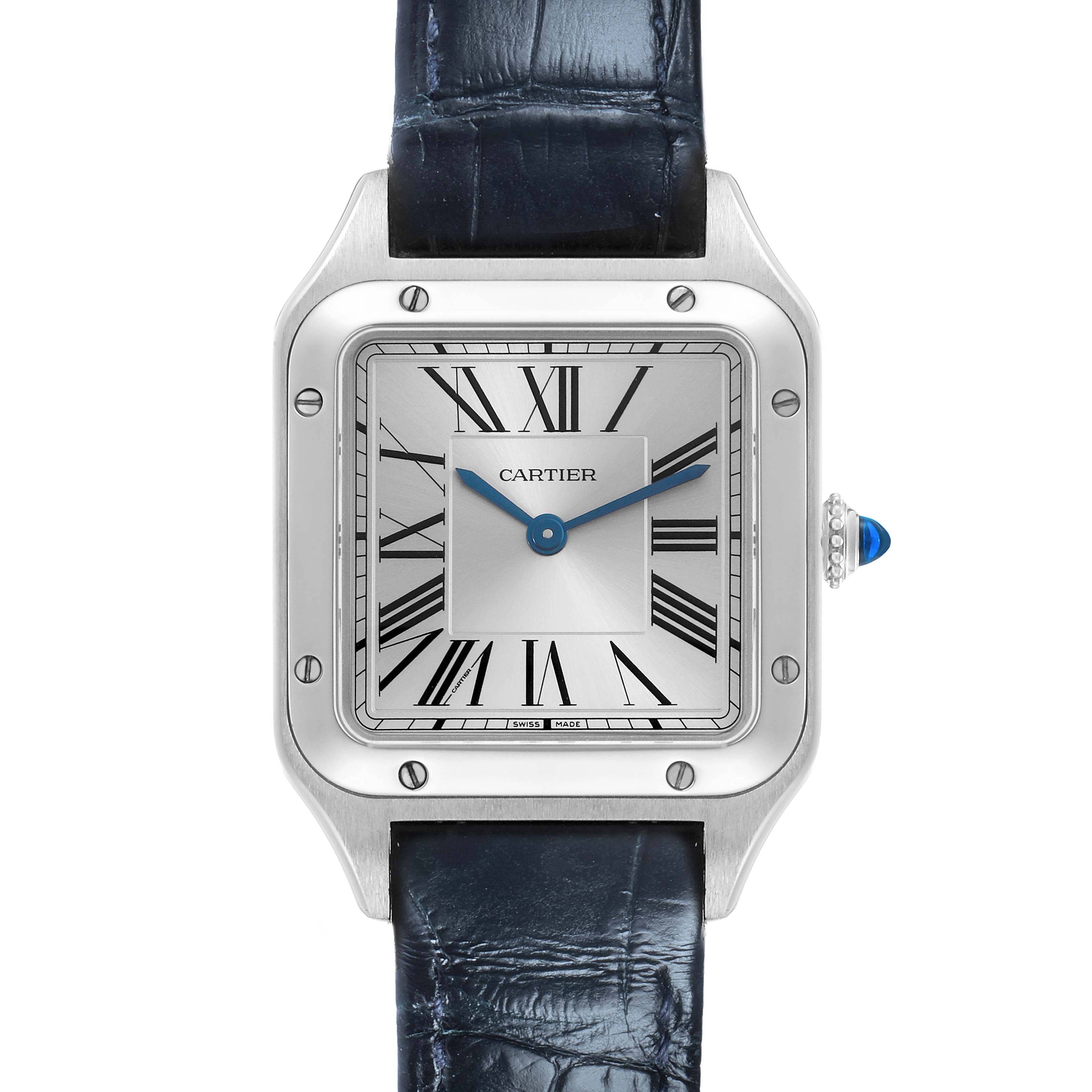 The Cartier Santos WSSA0023 Women
s Stainless Steel Silver Dial WSSA0023 Women
s Stainless Steel Silver Dial watch is shown from a front angle, highlighting its square face, Roman numerals, blue hands, and leather strap.