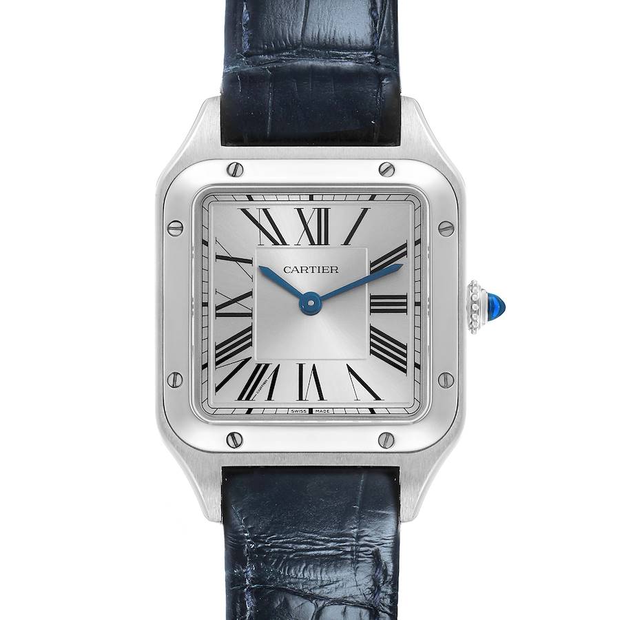 The Cartier Santos watch is shown from a front angle, highlighting its square face, Roman numerals, blue hands, and leather strap.