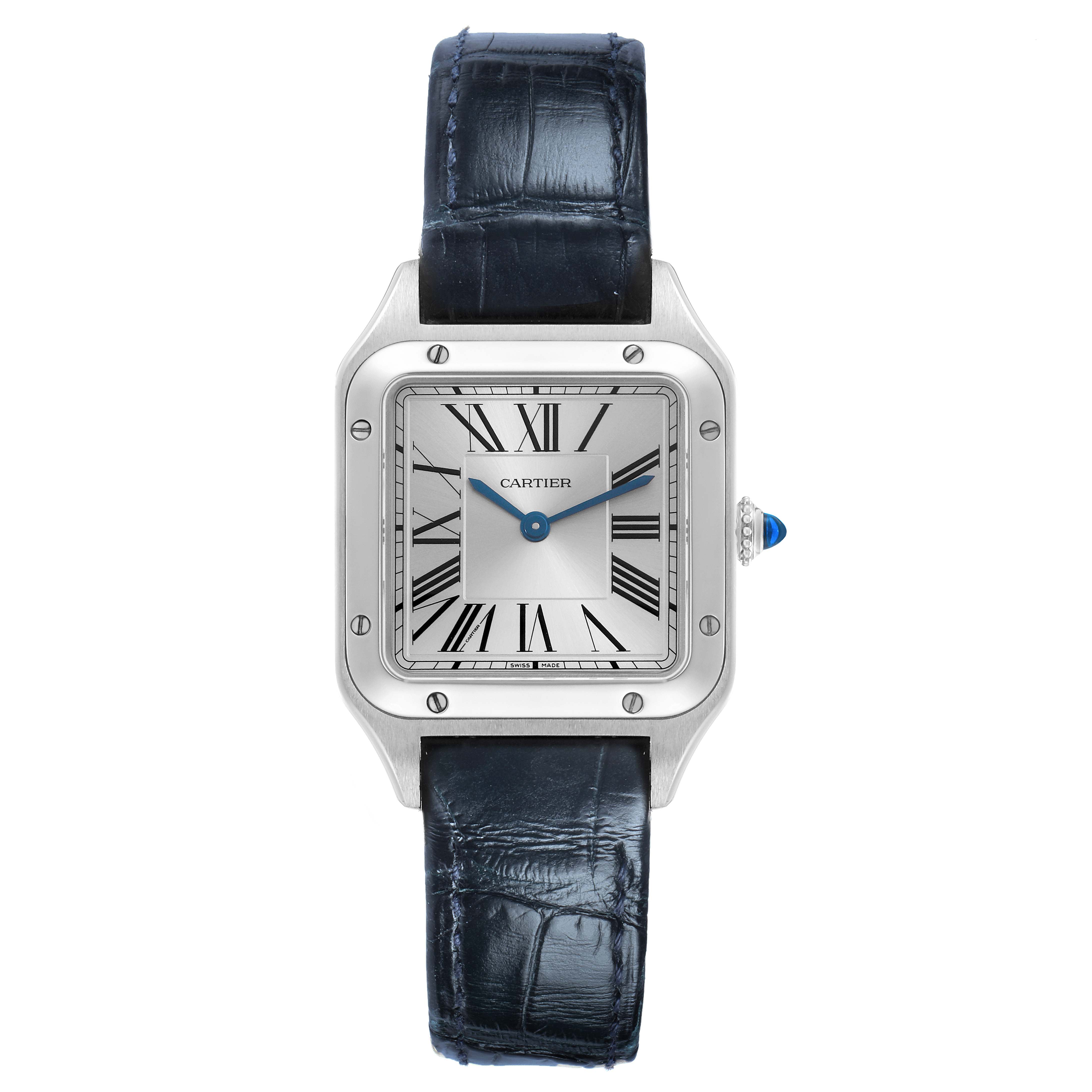 The Cartier Santos WSSA0023 Women
s Stainless Steel Silver Dial WSSA0023 Women
s Stainless Steel Silver Dial watch is shown from a front angle, displaying its square face, blue hands, Roman numerals, and leather strap.