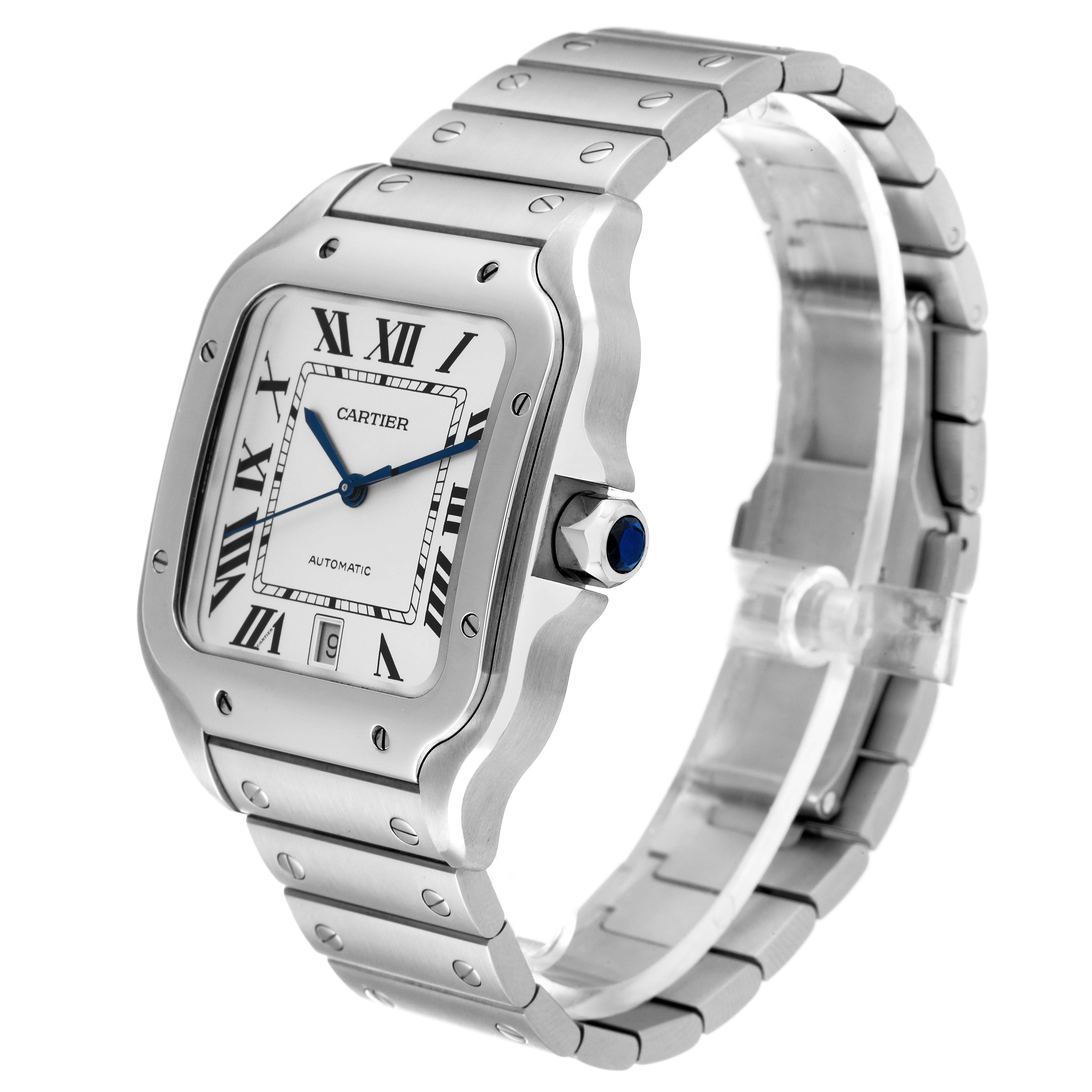 This Cartier Santos WSSA0018 Men
s Stainless Steel Silver Dial WSSA0018 Men
s Stainless Steel Silver Dial watch is shown from an angled side view, highlighting its face, bracelet, and crown.