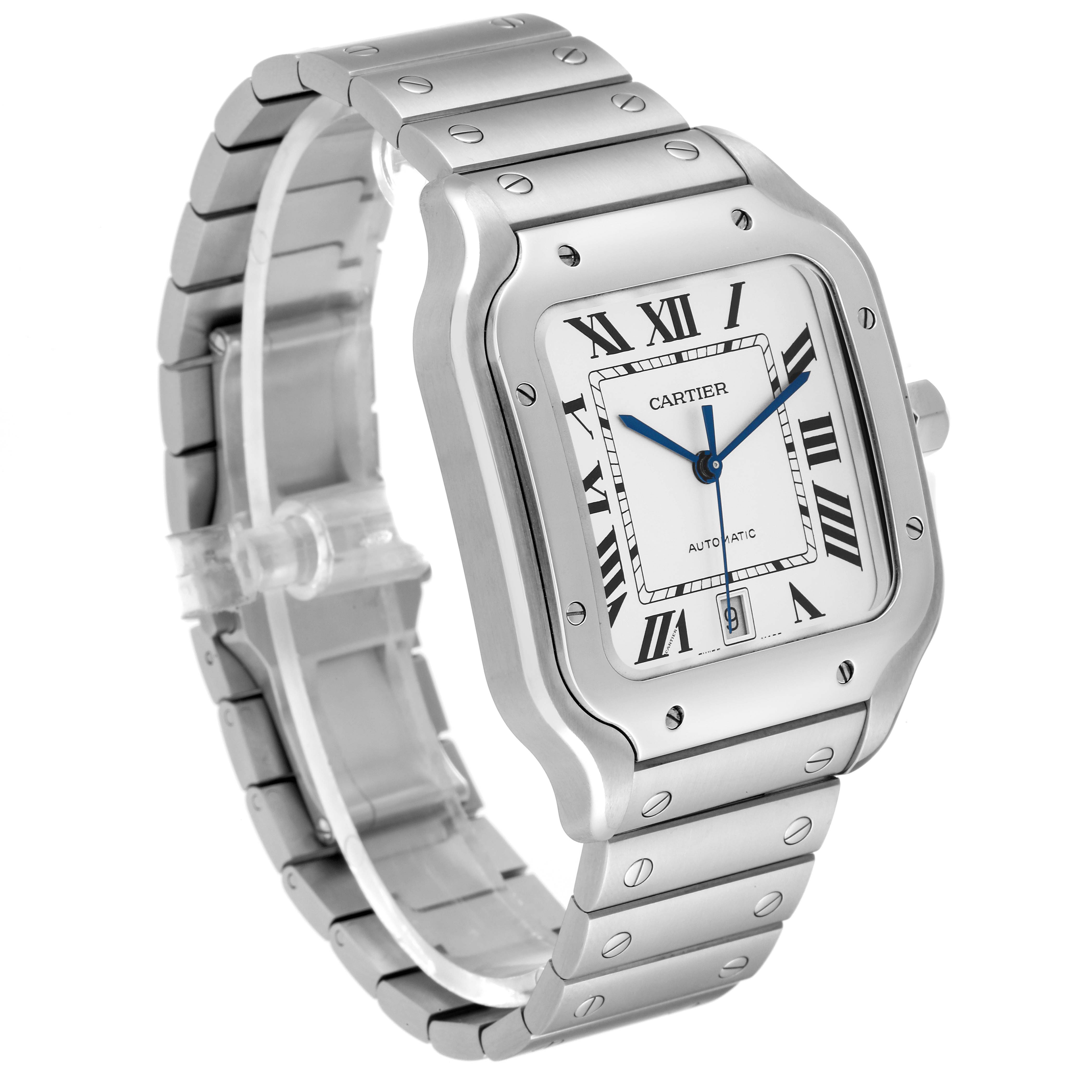 The image shows a side angle view of the Cartier Santos WSSA0018 Men
s Stainless Steel Silver Dial WSSA0018 Men
s Stainless Steel Silver Dial model watch, highlighting its face and metal bracelet.
