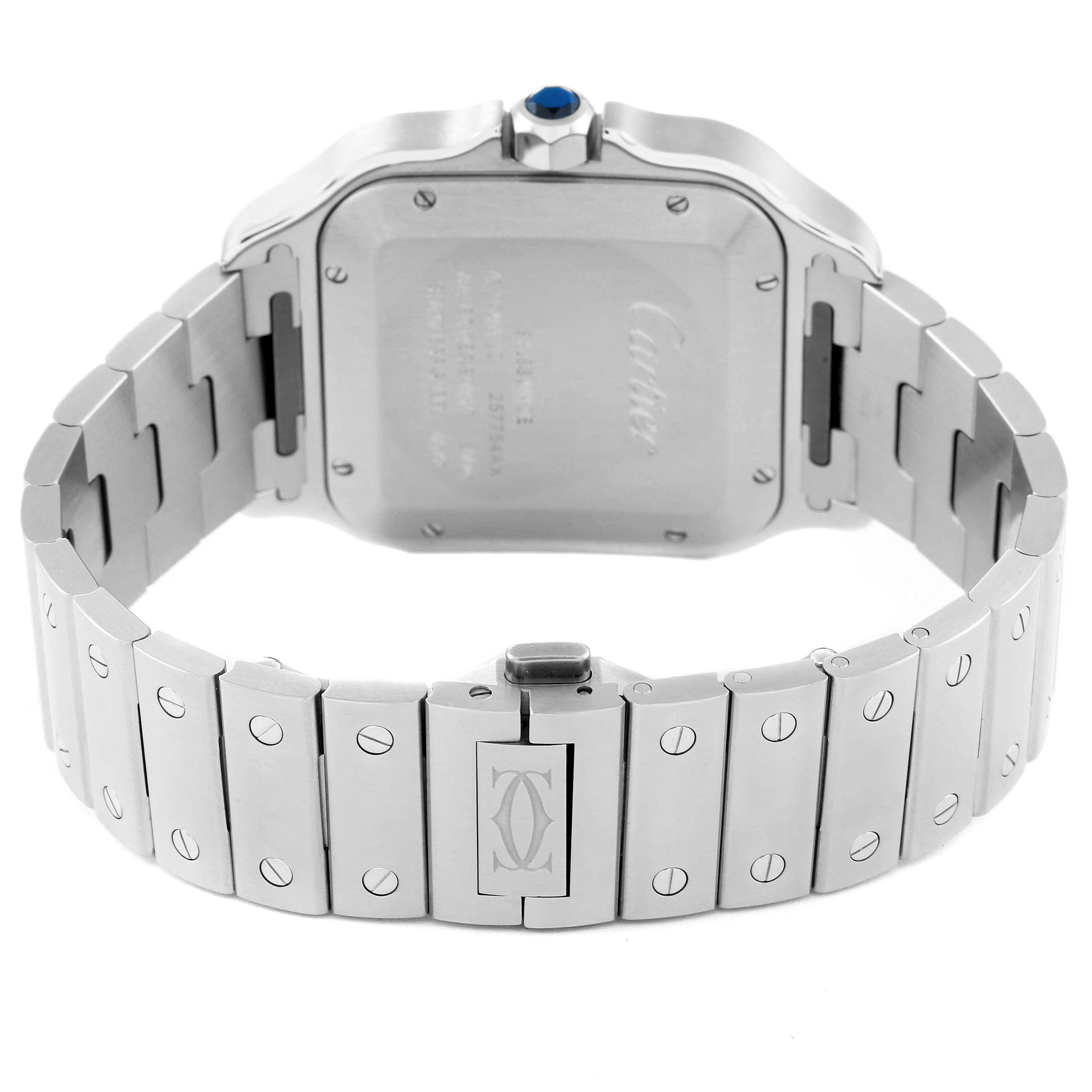 This image shows the back view of a Cartier Santos WSSA0018 Men
s Stainless Steel Silver Dial WSSA0018 Men
s Stainless Steel Silver Dial watch, highlighting the case back, bracelet, and clasp.