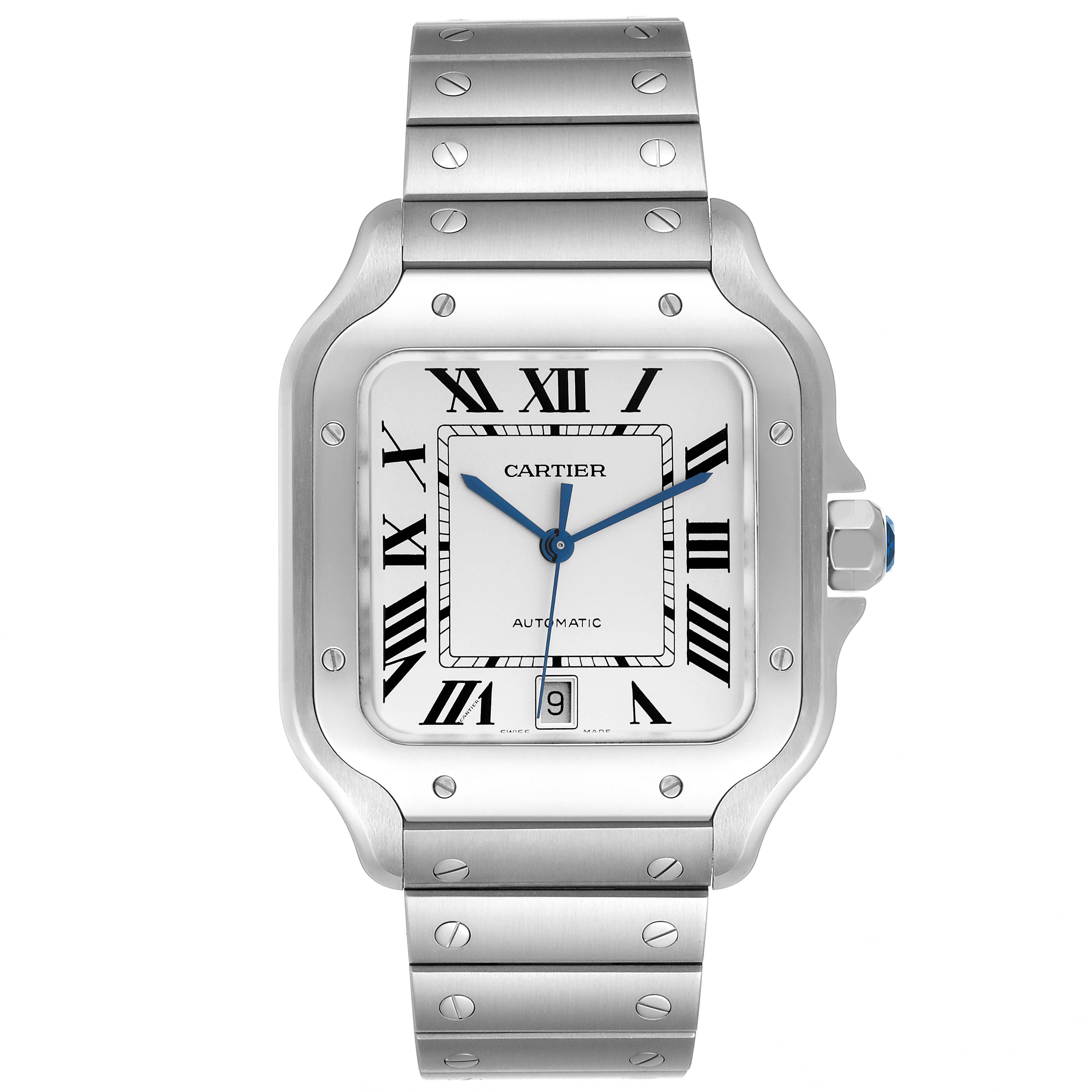 The image shows a Cartier Santos WSSA0018 Men
s Stainless Steel Silver Dial WSSA0018 Men
s Stainless Steel Silver Dial watch from the front, highlighting the dial, case, and part of the bracelet.