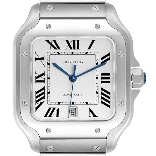 Photo of Cartier Santos Silver Dial Large Steel Mens Watch WSSA0018 Box Card